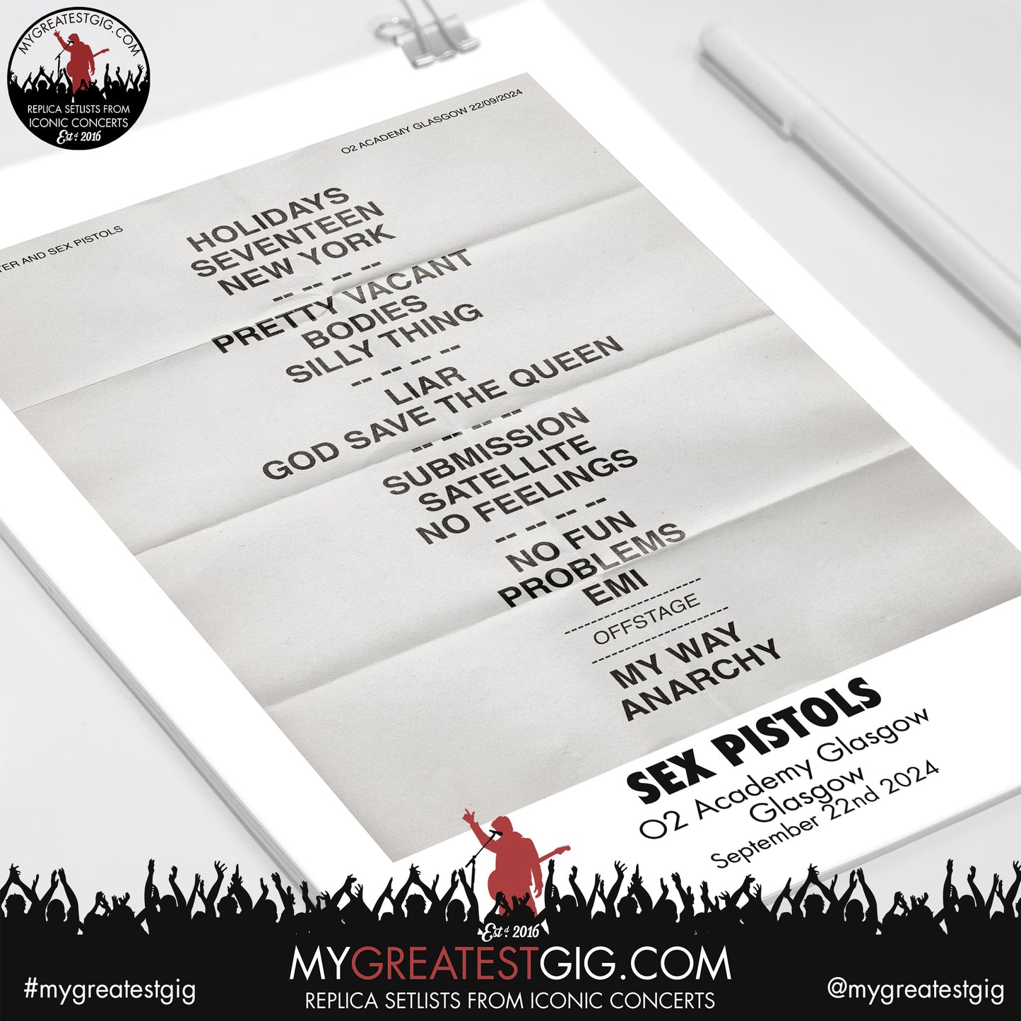 Sex Pistols - Glasgow - September 22nd 2024 Replica Setlist Poster