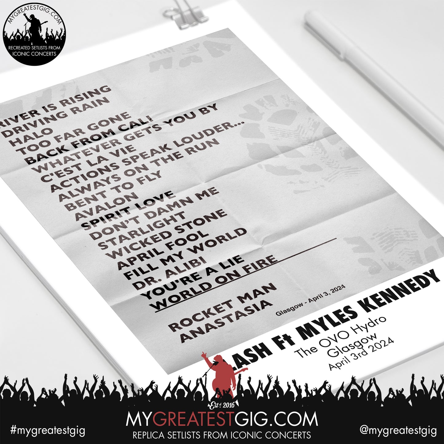 Slash Ft Myles Kennedy - Glasgow - April 3rd 2024 Recreated Set List Poster