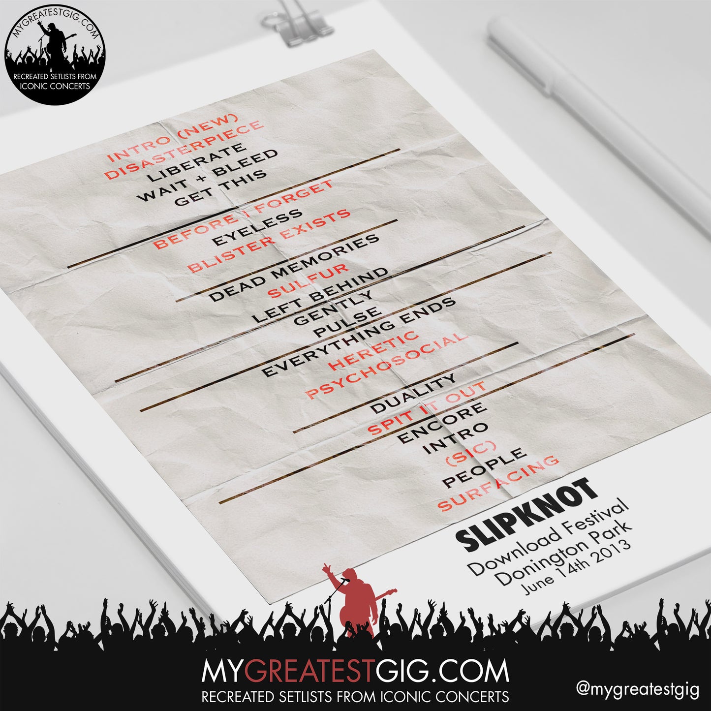 Slipknot - Download Festival - June 14th 2013 Recreated Setlist Poster