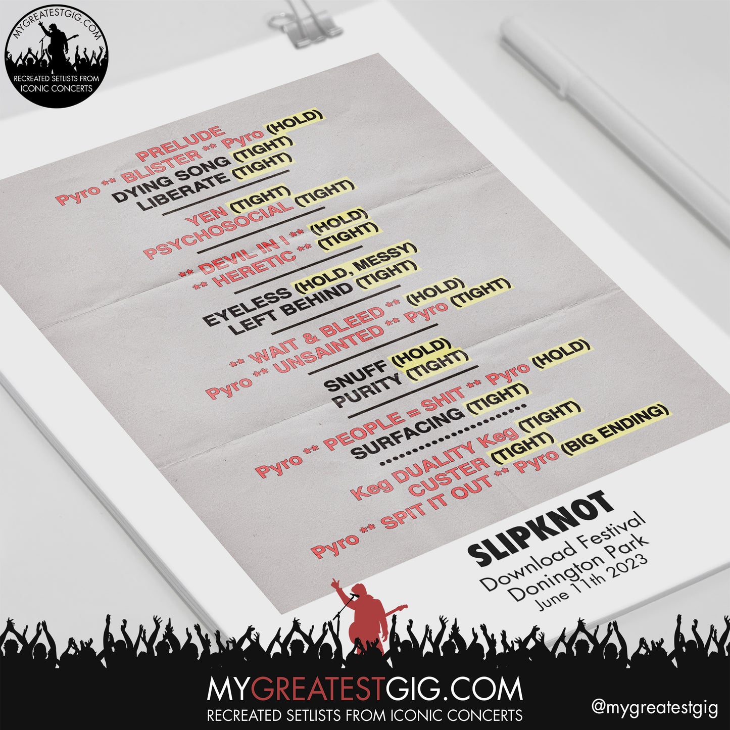 Slipknot - Download Festival - June 11th 2023 Recreated Setlist Poster