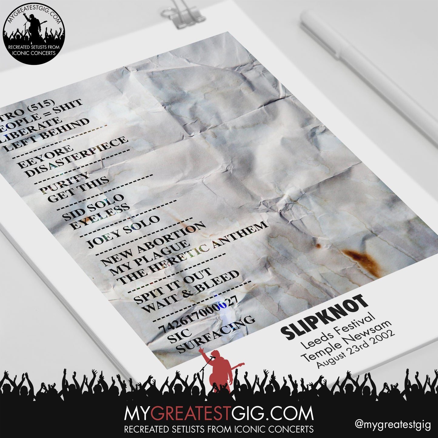 Slipknot - Leeds Festival - August 23rd 2002 Recreated Setlist Poster