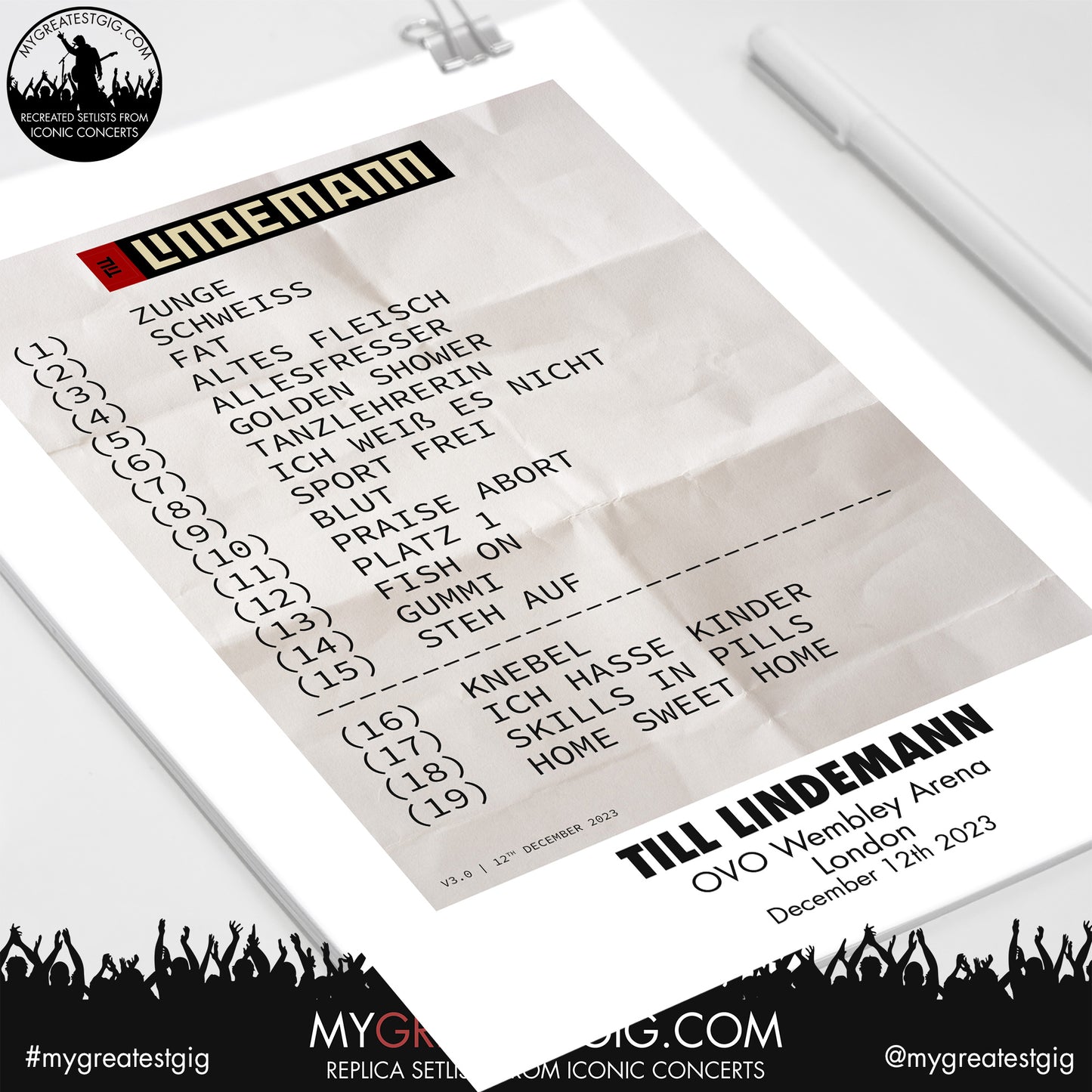 Till Lindemann - London - December 12th 2023 Replica Setlist Poster