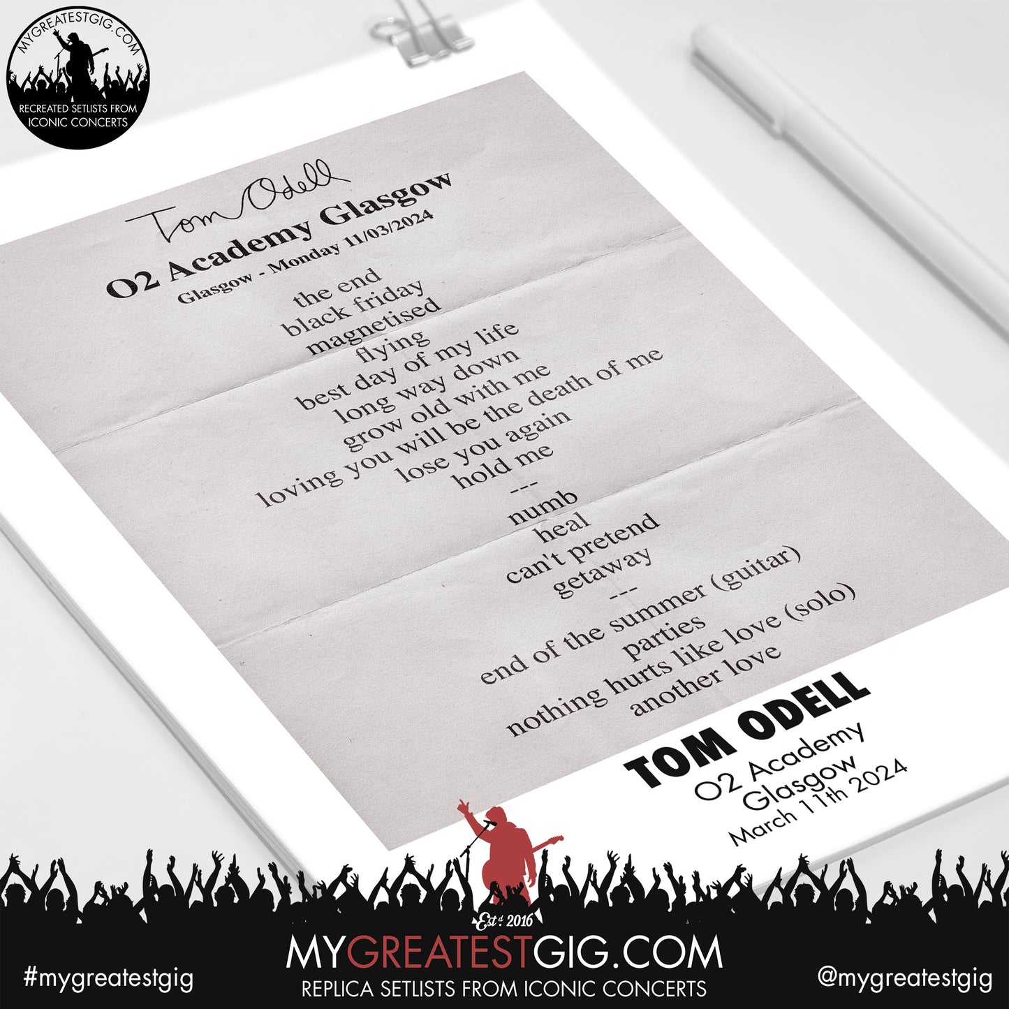 Tom Odell - Glasgow - March 11th 2024 Replica Setlist Poster