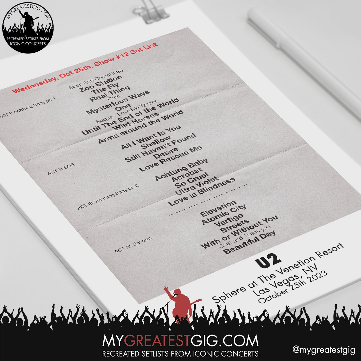 U2 - Las Vegas - October 25th 2023 Replica Setlist Poster