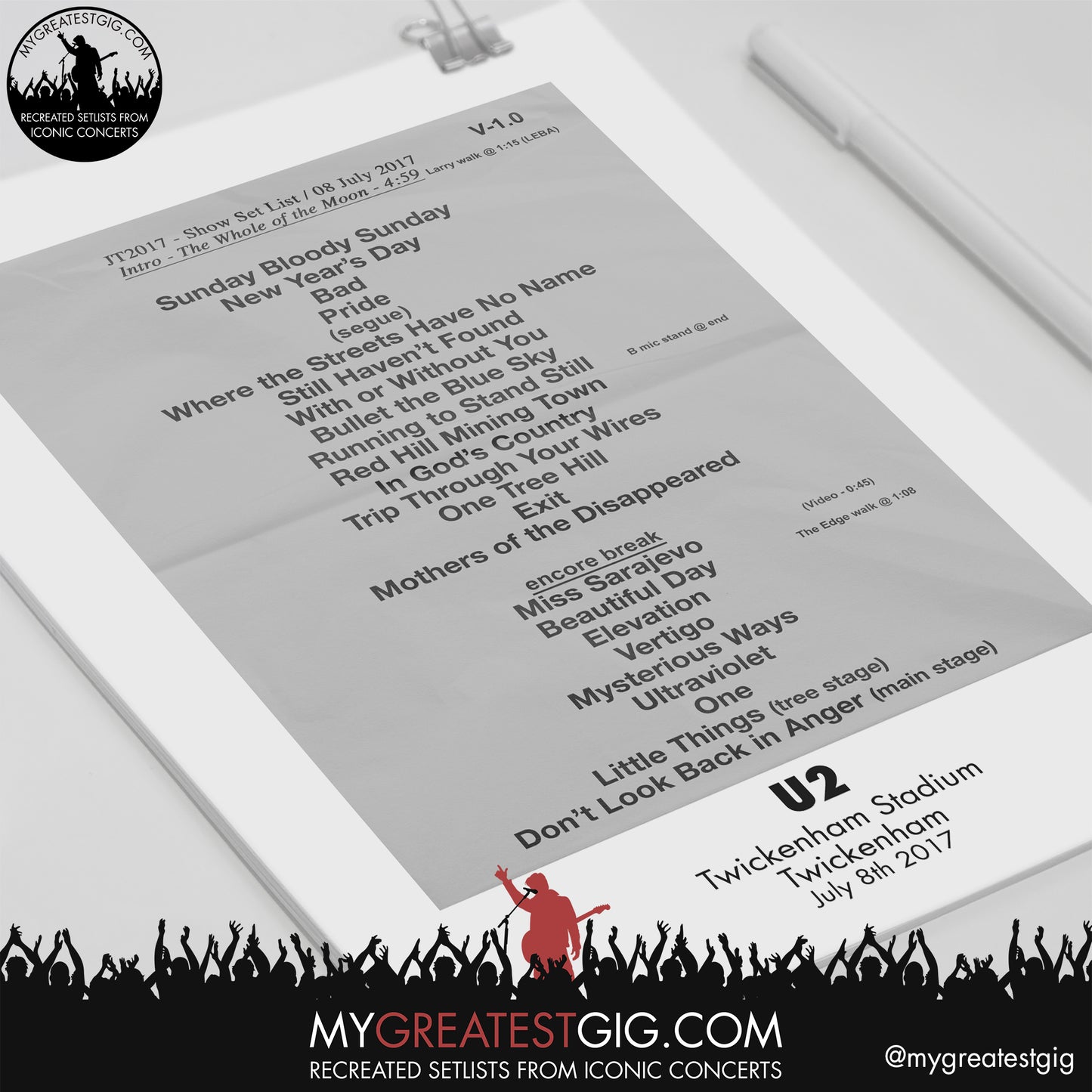 U2 - Twickenham - July 8th 2017 Recreated Setlist Poster
