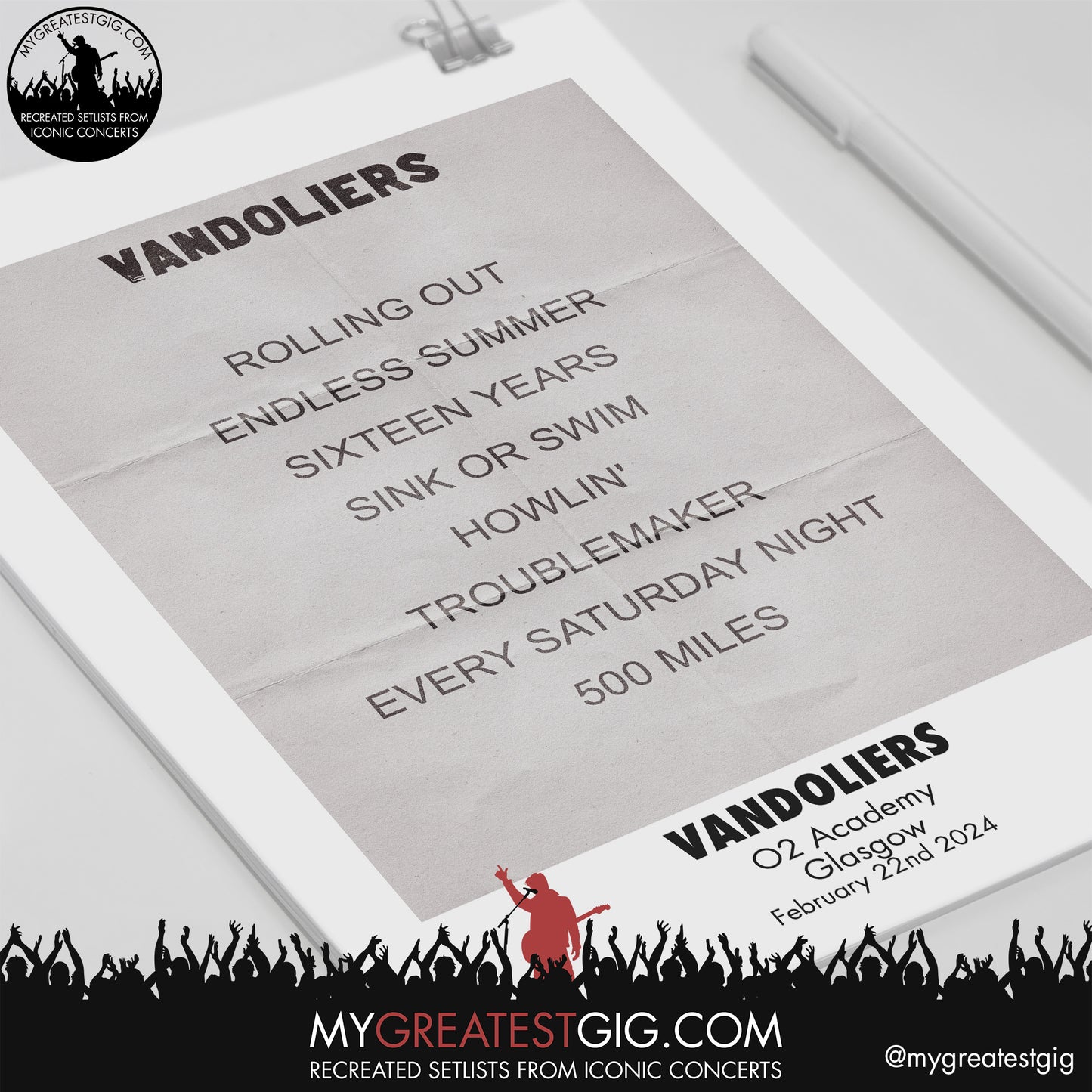 Vandoliers - Glasgow - February 22nd 2024 Replica Setlist Poster