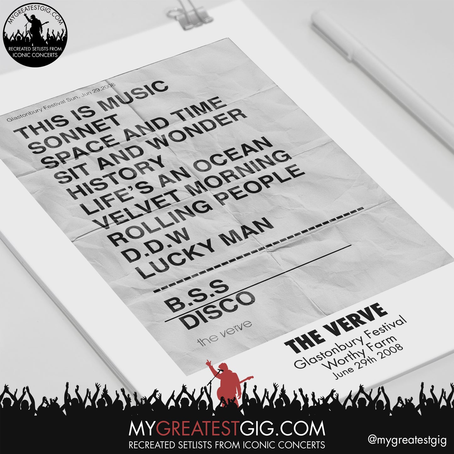 The Verve - Glastonbury Festival - June 29th 2008 Recreated Setlist Poster