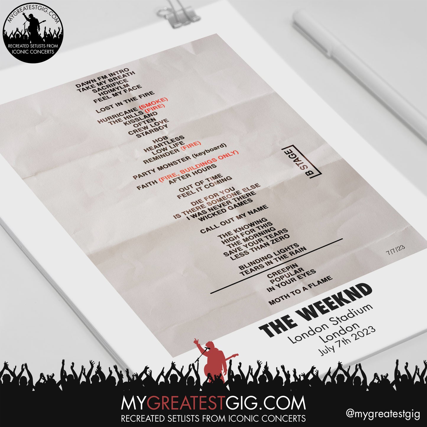 The Weeknd - London - July 7th 2023 Recreated Setlist Poster
