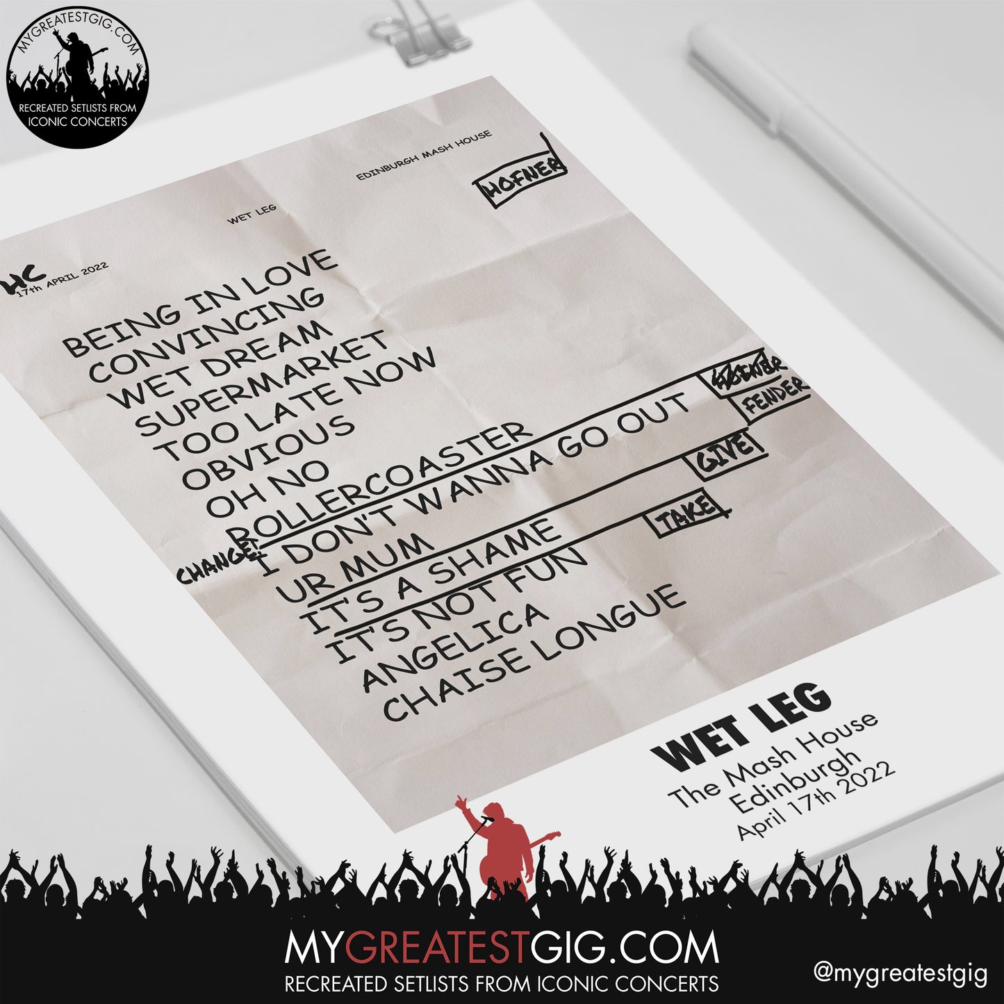 Wet Leg - Edinburgh - April 17th 2022 Recreated Setlist Poster