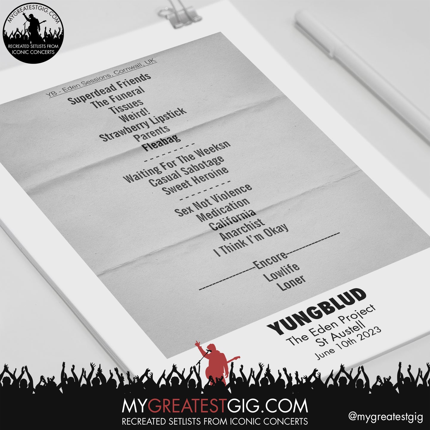 Yungblud - Eden Project - June 10th 2023 Recreated Setlist Poster