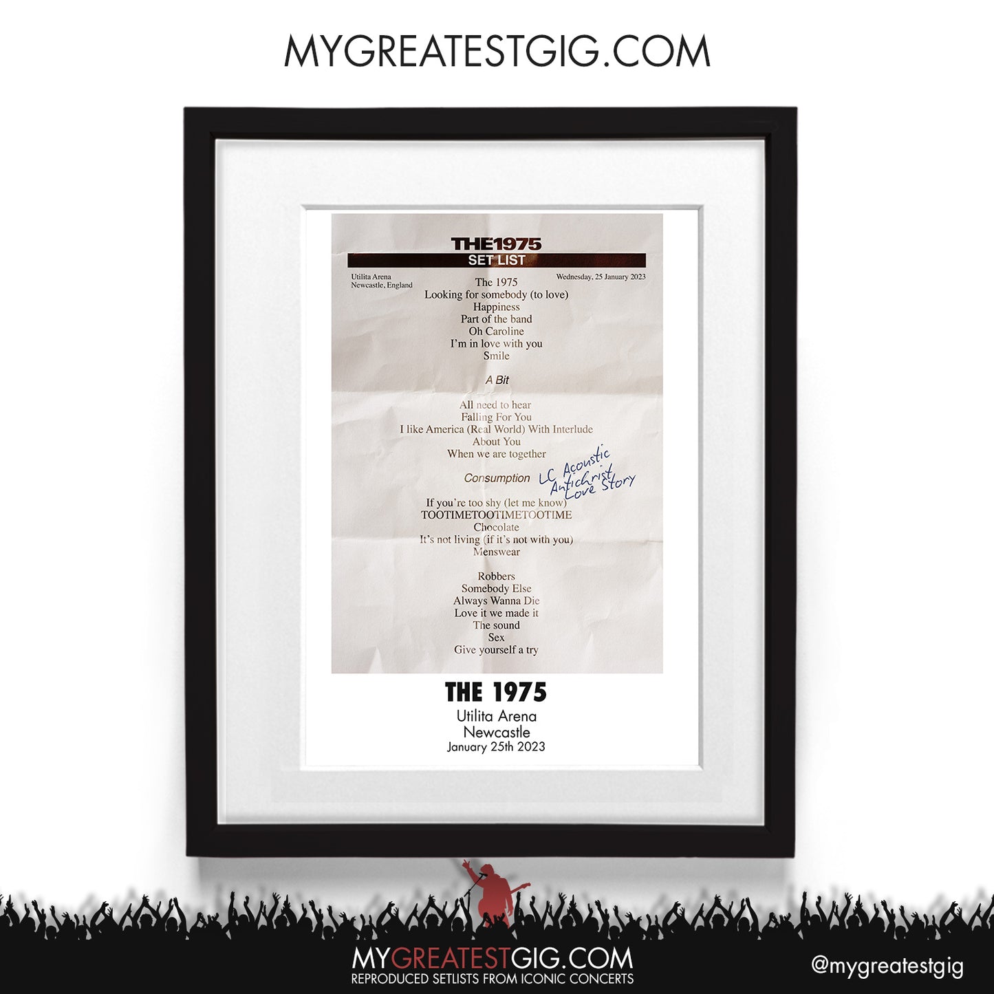 The 1975 - Newcastle - Jan 25th 2023 Recreated Setlist Poster