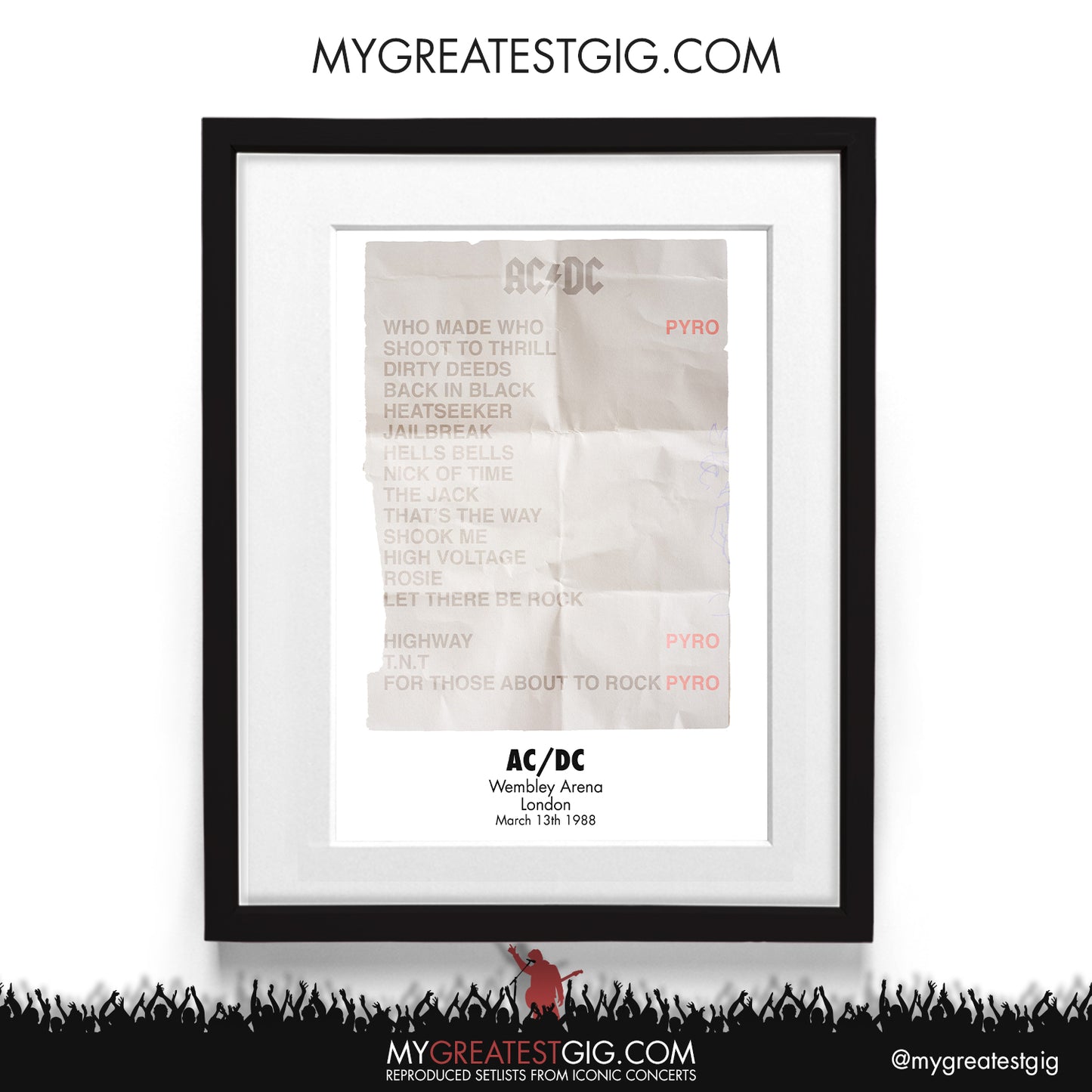 AC/DC - Wembley - Mar 13th 1988 Recreated Set List Poster
