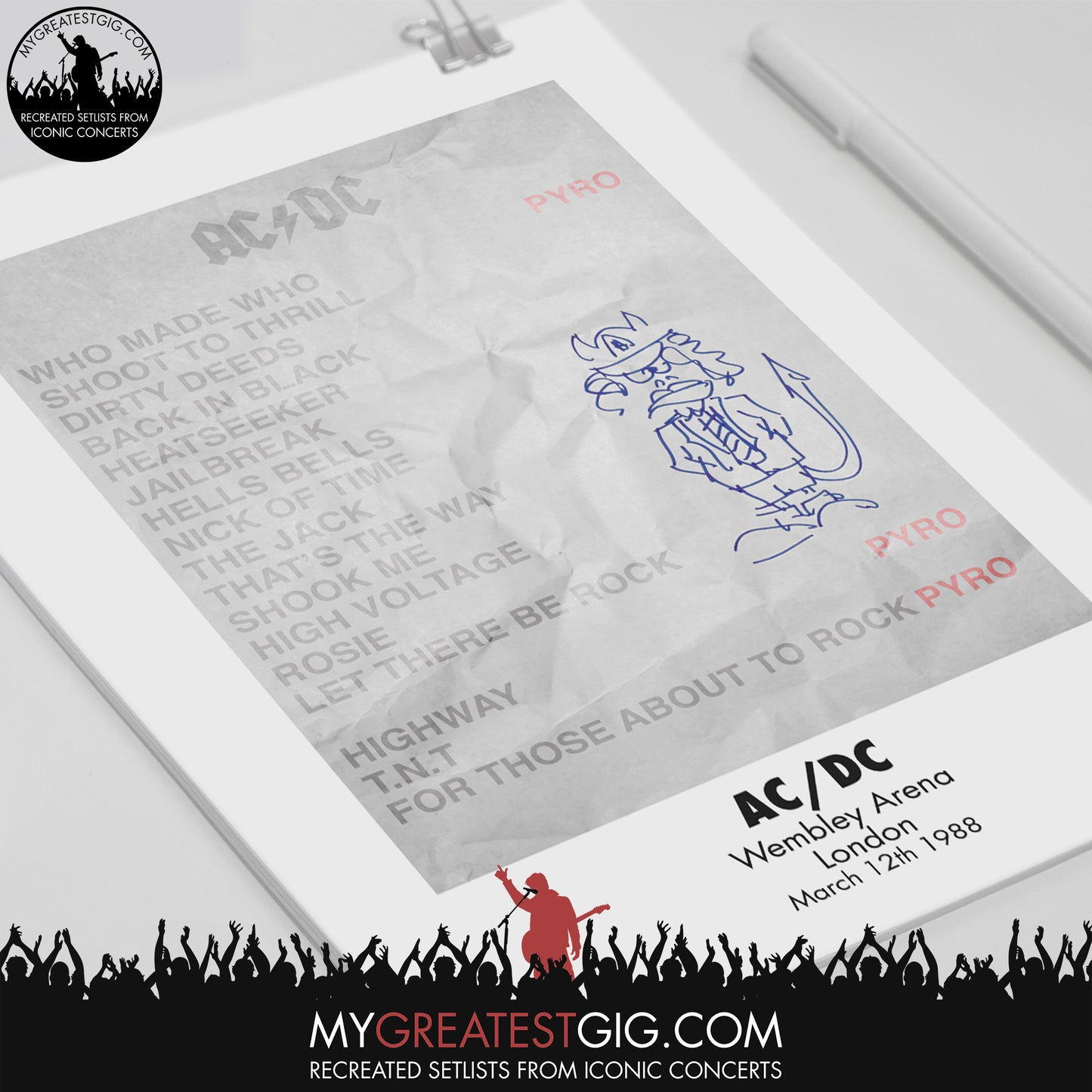 AC/DC - Wembley - Mar 12th 1988 Recreated Set List Poster