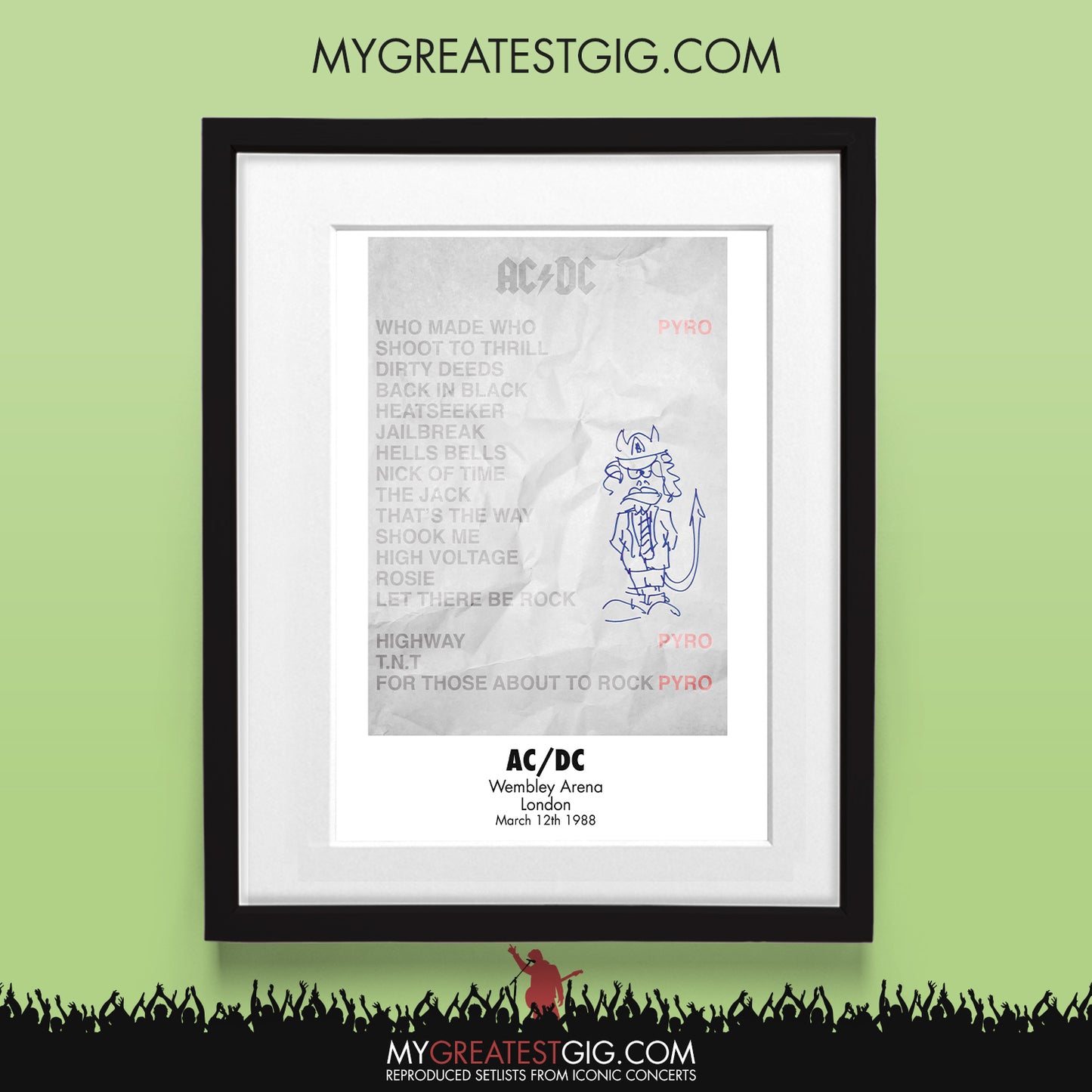 AC/DC - Wembley - Mar 12th 1988 Recreated Set List Poster