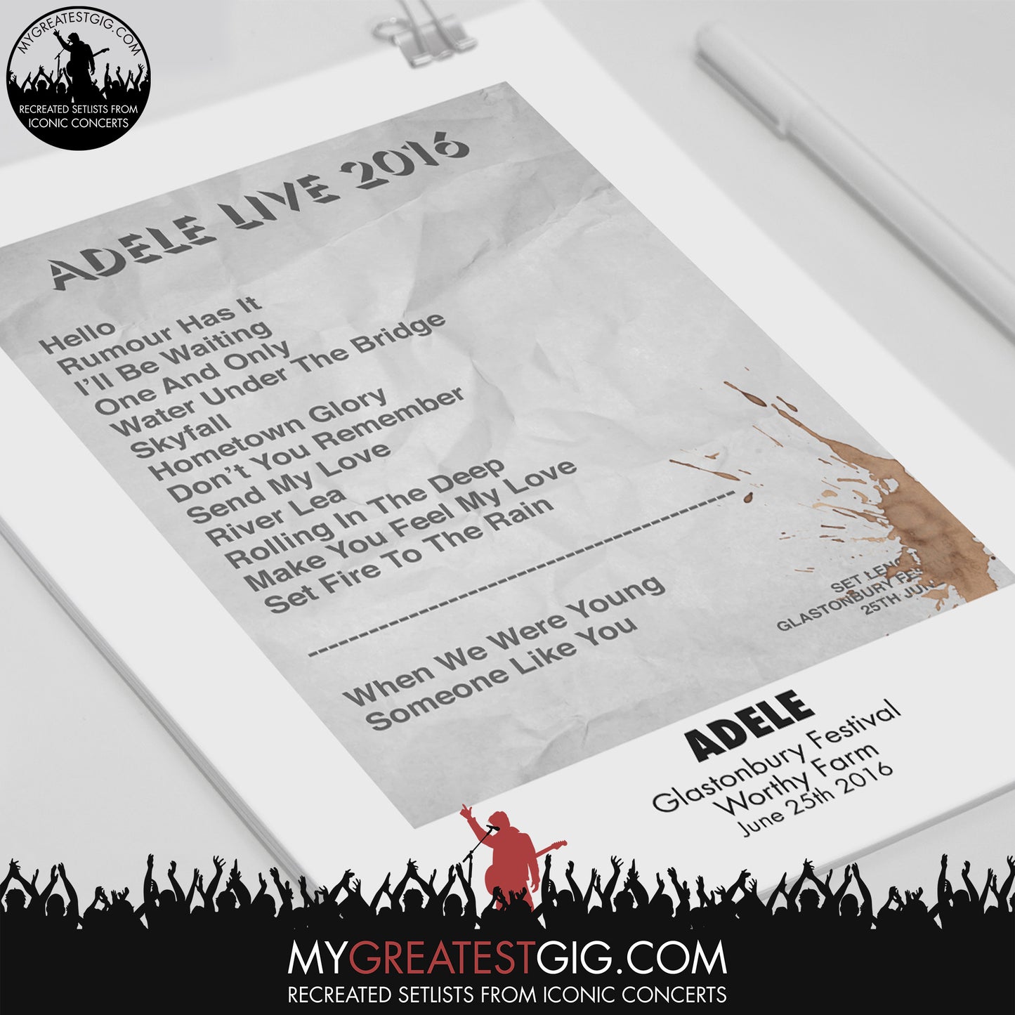 Adele - Glastonbury Festival - Jun 25th 2016 Recreated Set List Poster