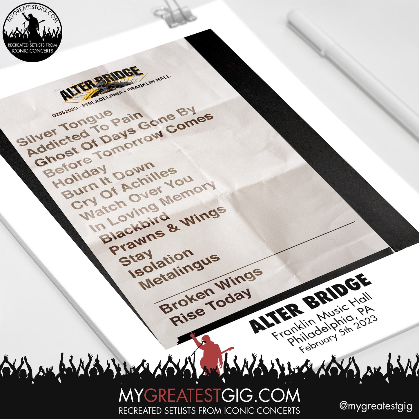 Alter Bridge - Philadelphia - Feb 5th 2023 Recreated Setlist Poster