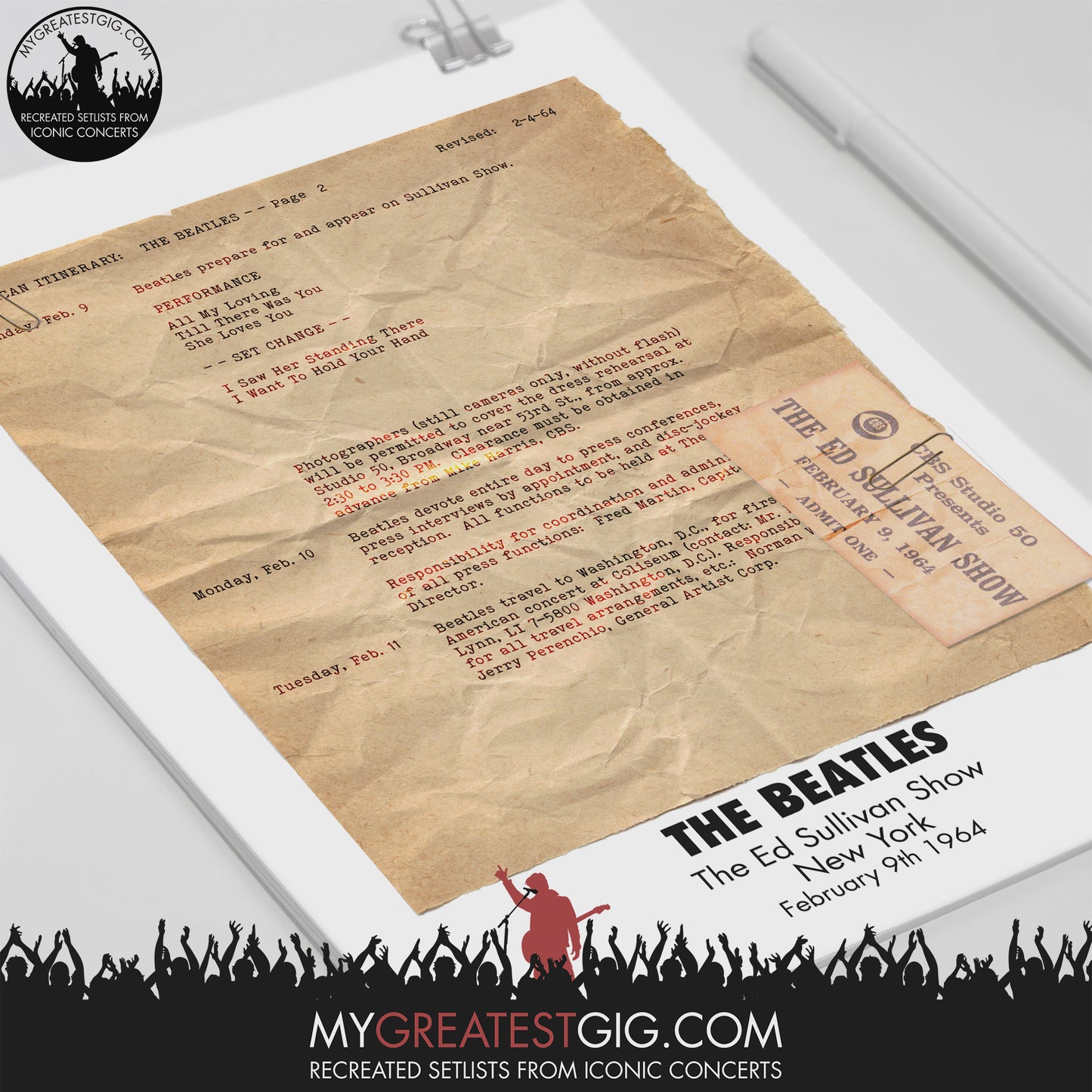 The Beatles - Ed Sullivan - Feb 9th 1964 Recreated Setlist Poster