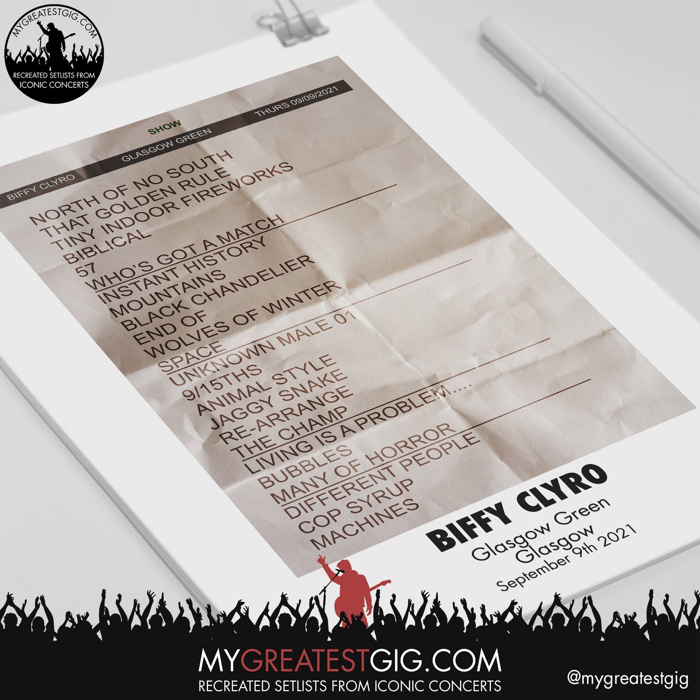 Biffy Clyro - Glasgow - September 9th 2021 Recreated Setlist Poster