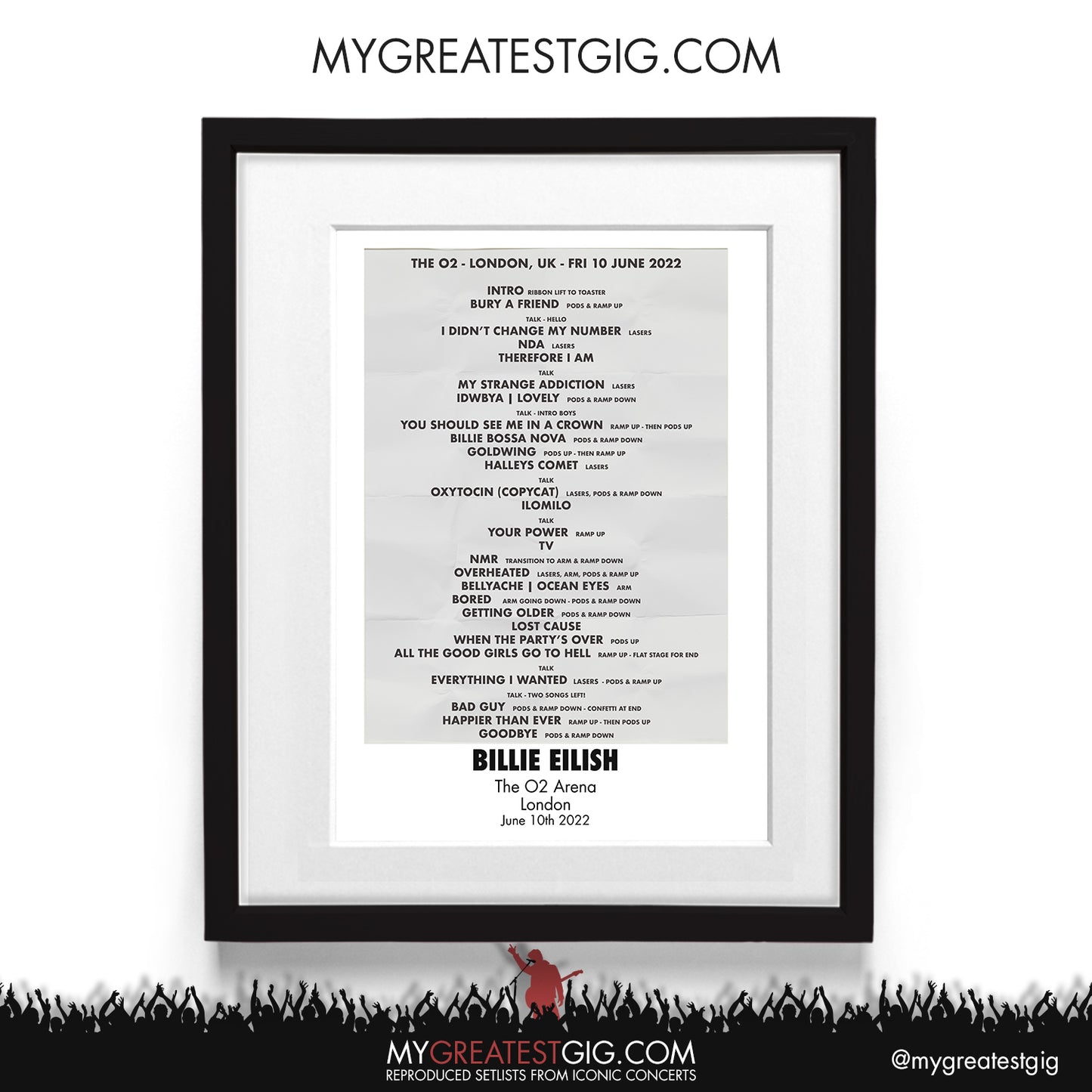 Billie Eilish - London - Jun 10th 2022 Recreated Setlist Poster