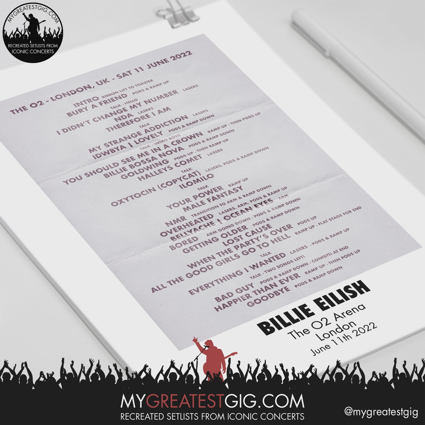 Billie Eilish - London - Jun 11th 2022 Recreated Setlist Poster