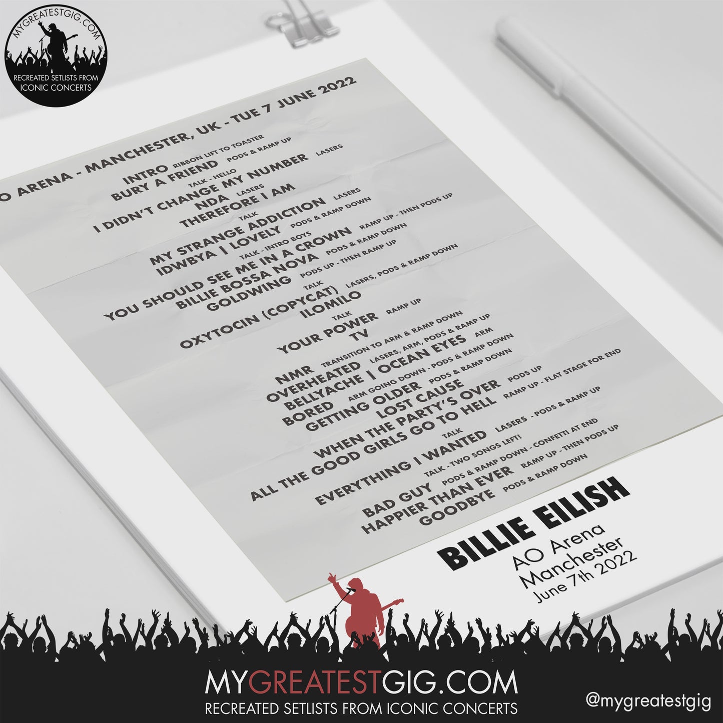 Billie Eilish - Manchester - Jun 7th 2022 Recreated Setlist Poster