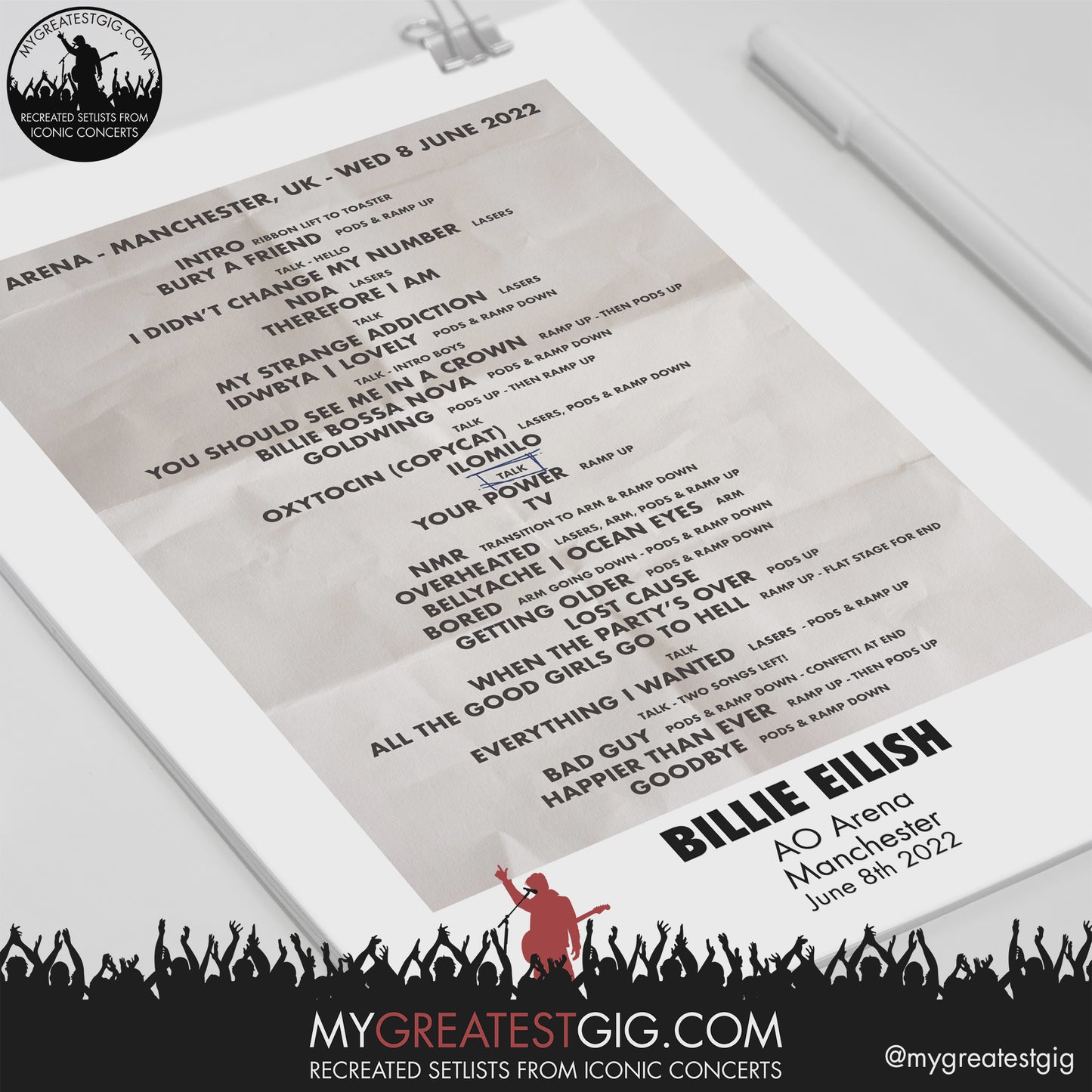 Billie Eilish - Manchester - Jun 8th 2022 Recreated Setlist Poster