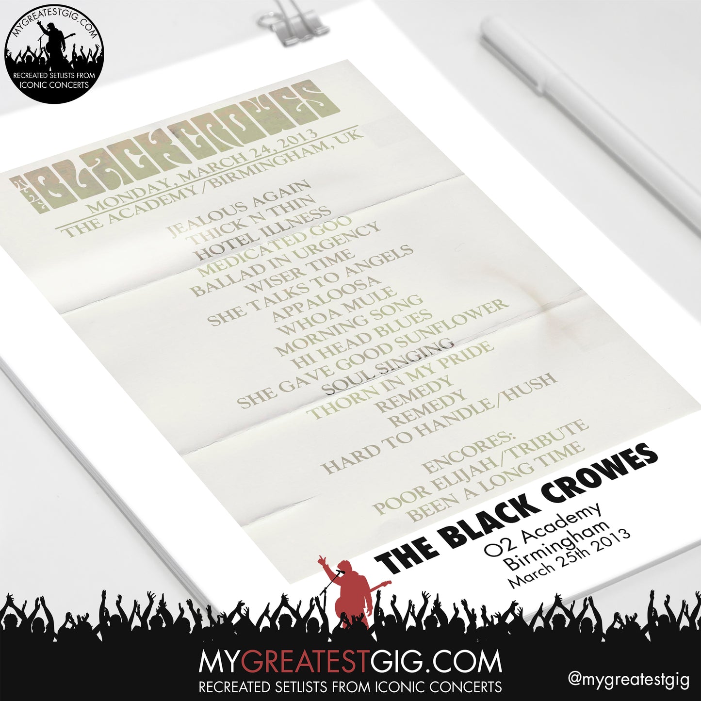 The Black Crowes - Birmingham - Mar 25th 2013 Recreated Setlist Poster