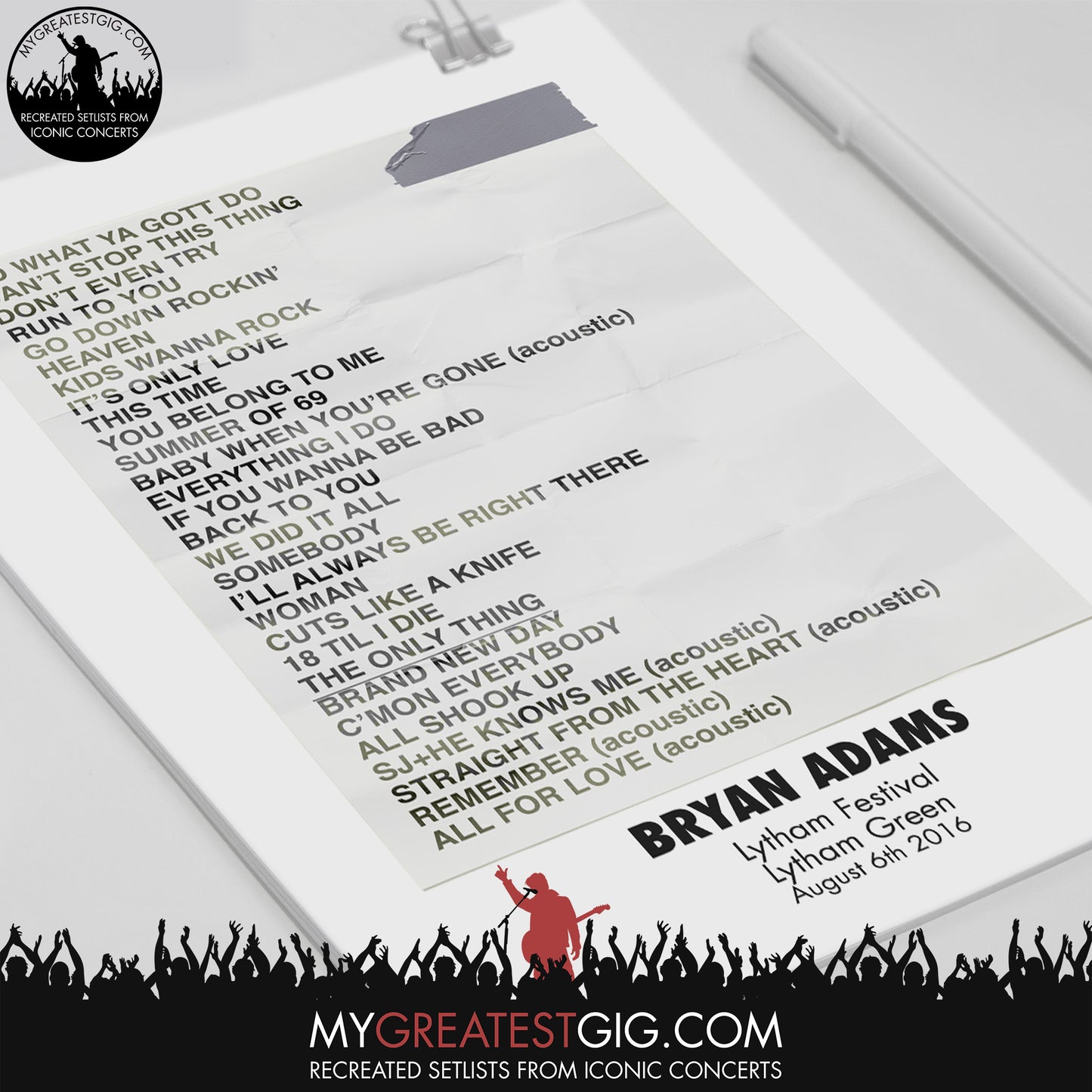 Bryan Adams - Lytham Festival - Aug 6th 2016 Recreated Set List Poster