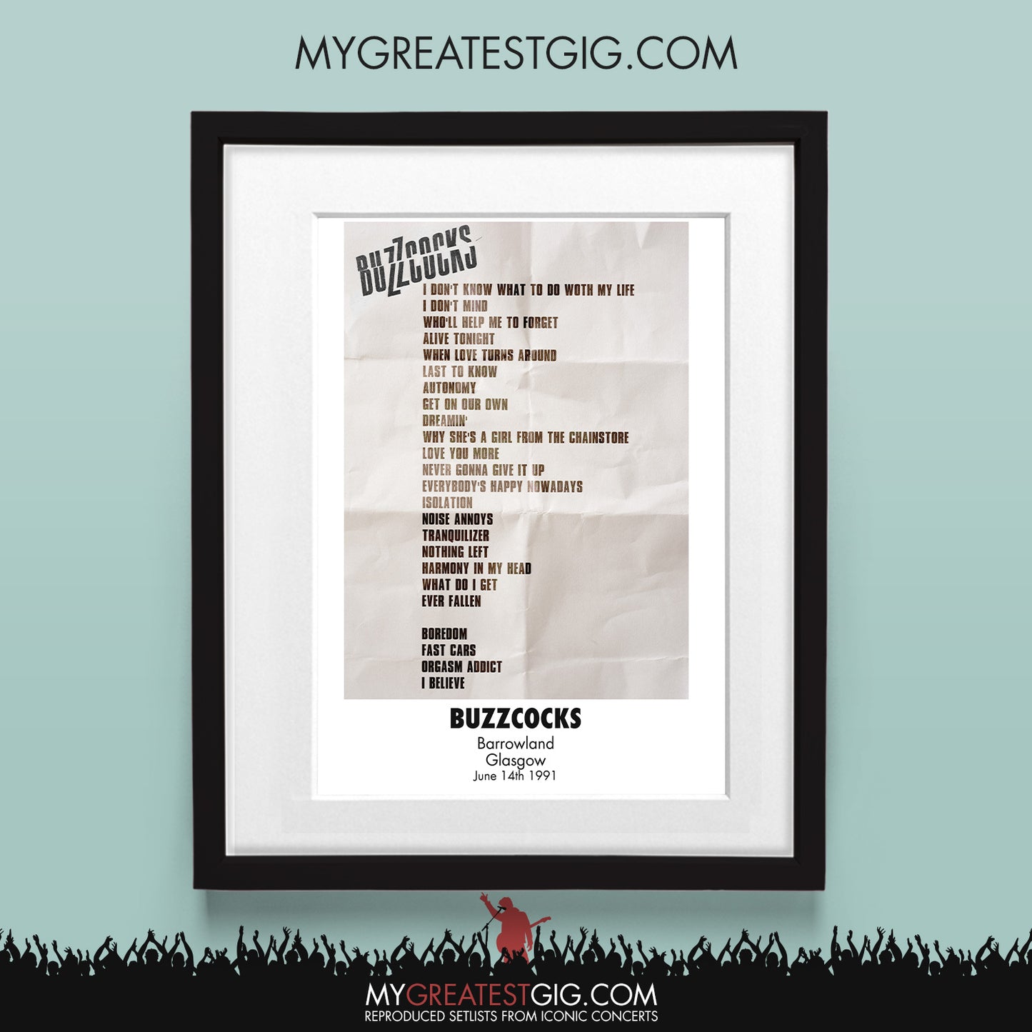 Buzzcocks - Glasgow - Jun 14th 1991 Recreated Set List Poster
