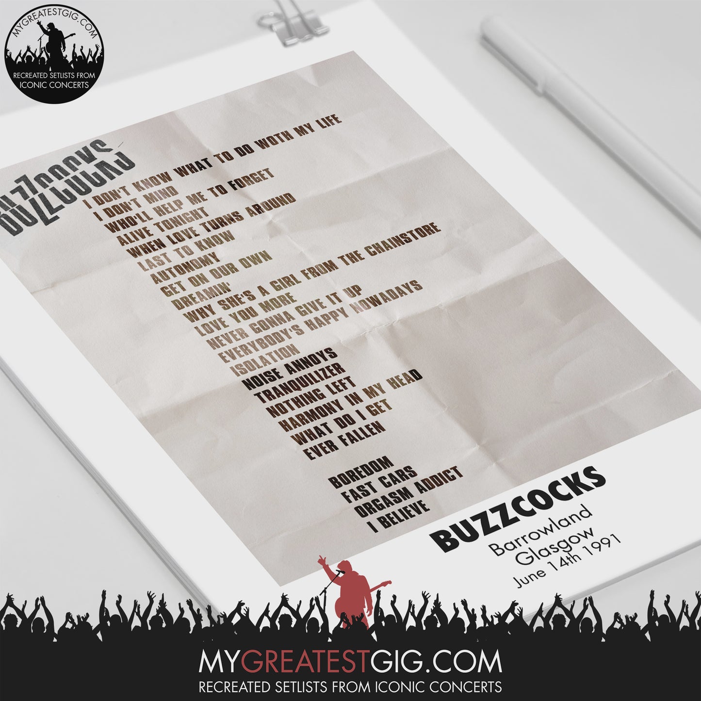 Buzzcocks - Glasgow - Jun 14th 1991 Recreated Set List Poster