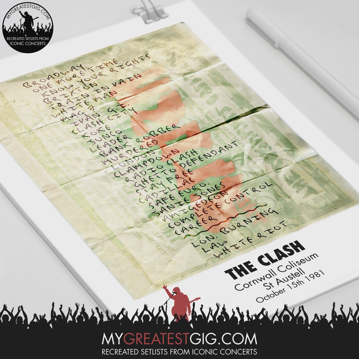 The Clash - Cornwall - Oct 15th 1981 Recreated Setlist Poster