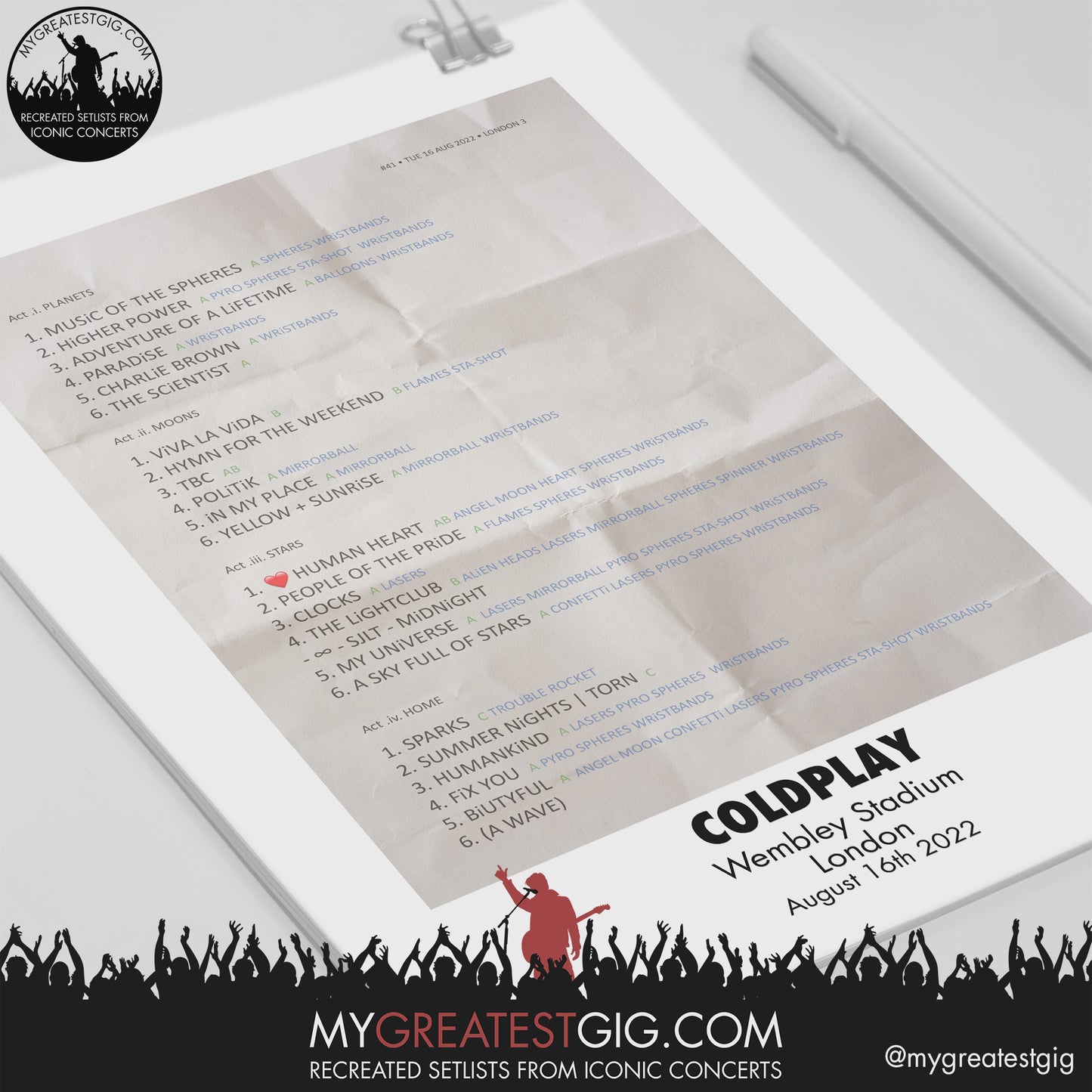 Coldplay - London - Aug 16th 2022 Recreated Setlist Poster