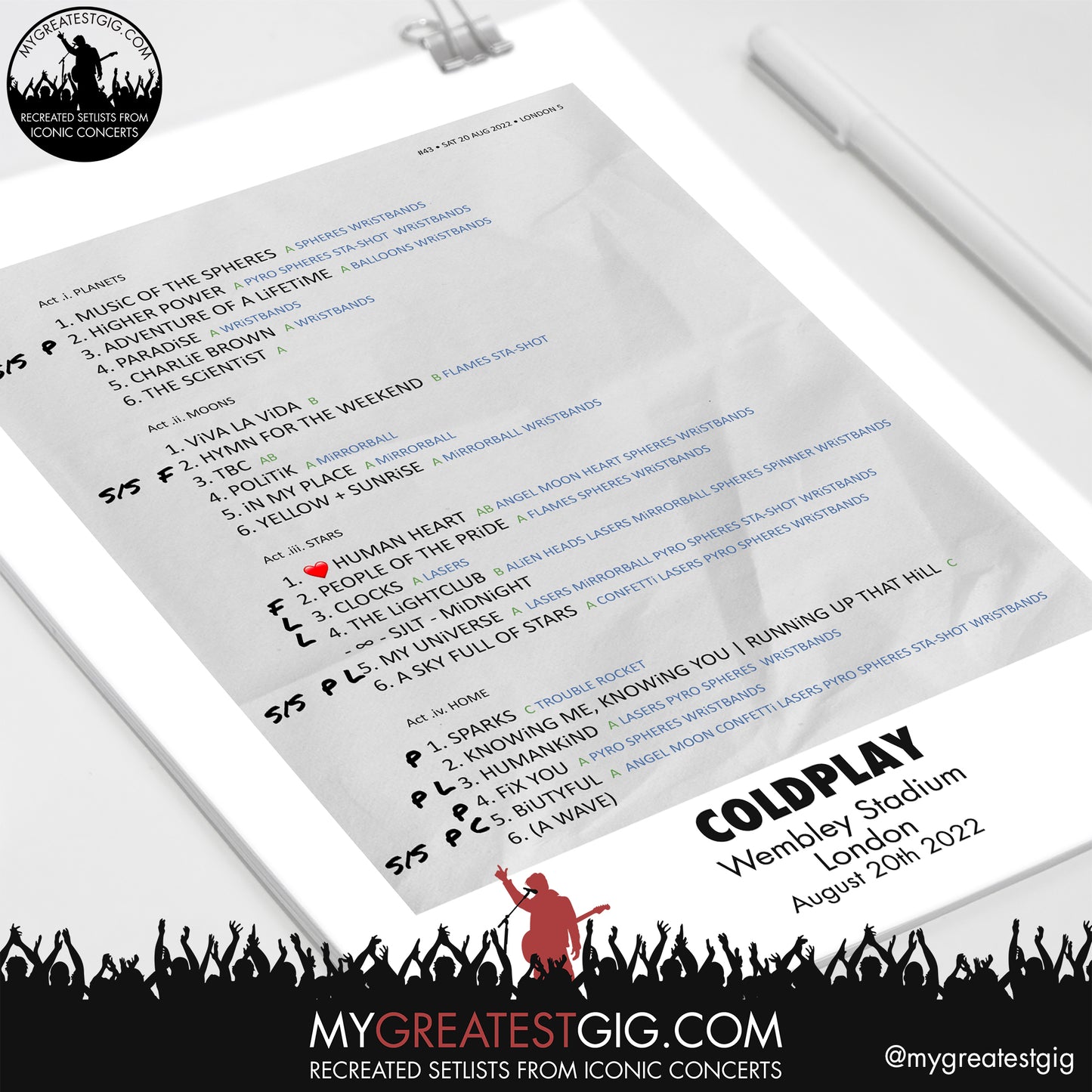 Coldplay - London - Aug 20th 2022 Recreated Setlist Poster