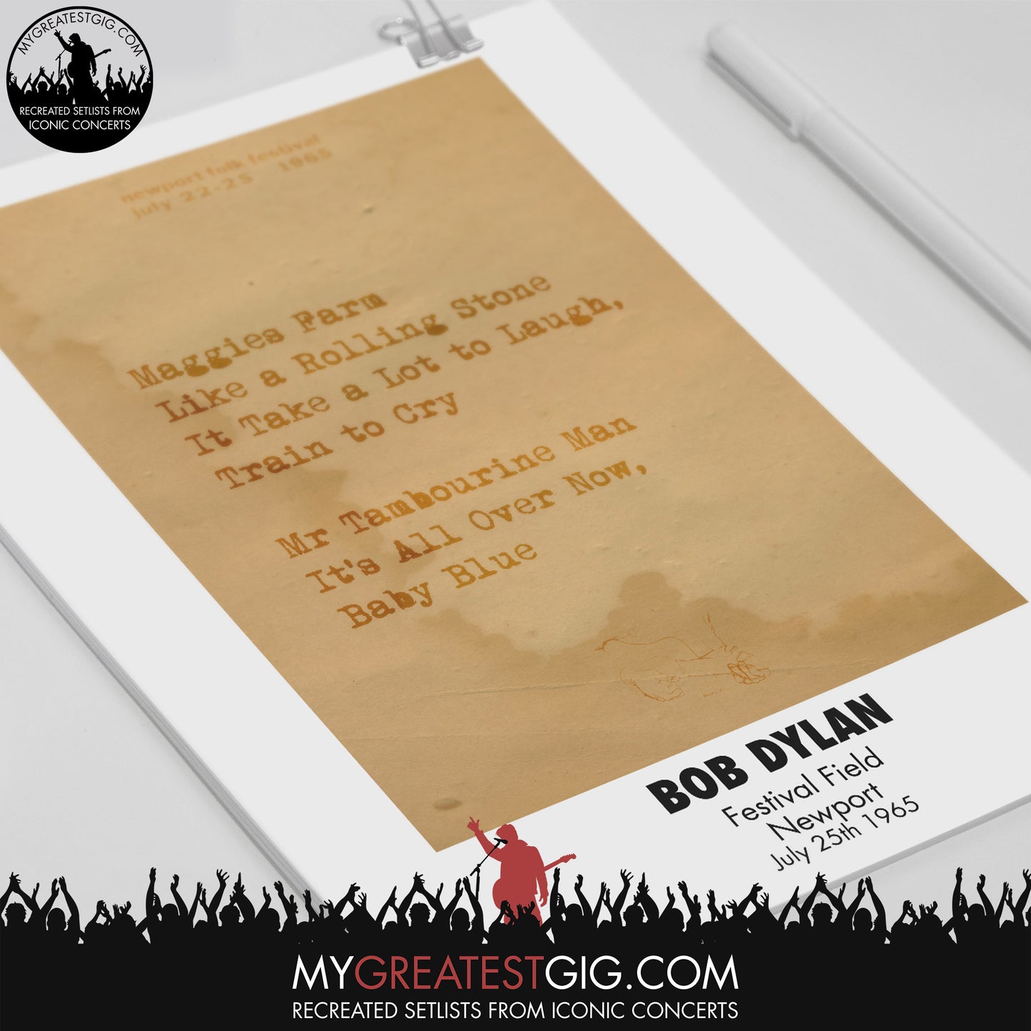 Bob Dylan - Newport - July 25th 1965 Recreated Set List Poster