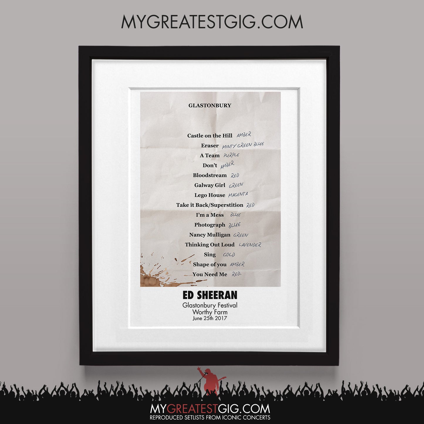 Ed Sheeran - Glastonbury Festival - Jun 25th 2017 Recreated Set List Poster