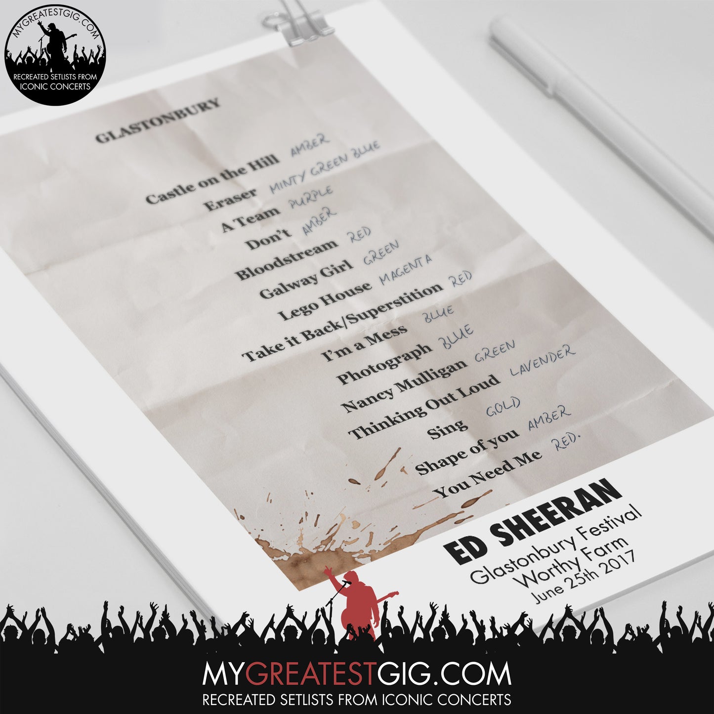Ed Sheeran - Glastonbury Festival - Jun 25th 2017 Recreated Set List Poster