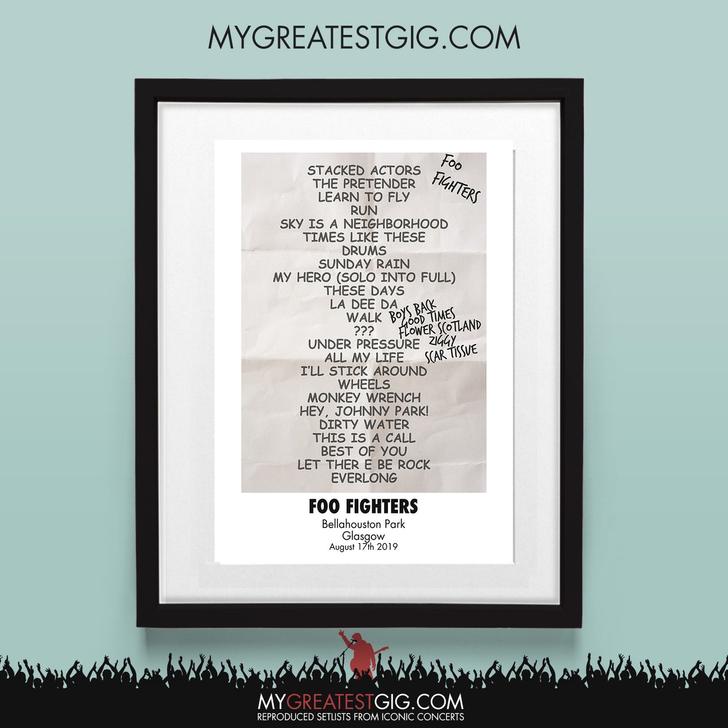 Foo Fighters - Glasgow - Aug 17th 2019 Recreated Set List Poster & Illustration Bundle