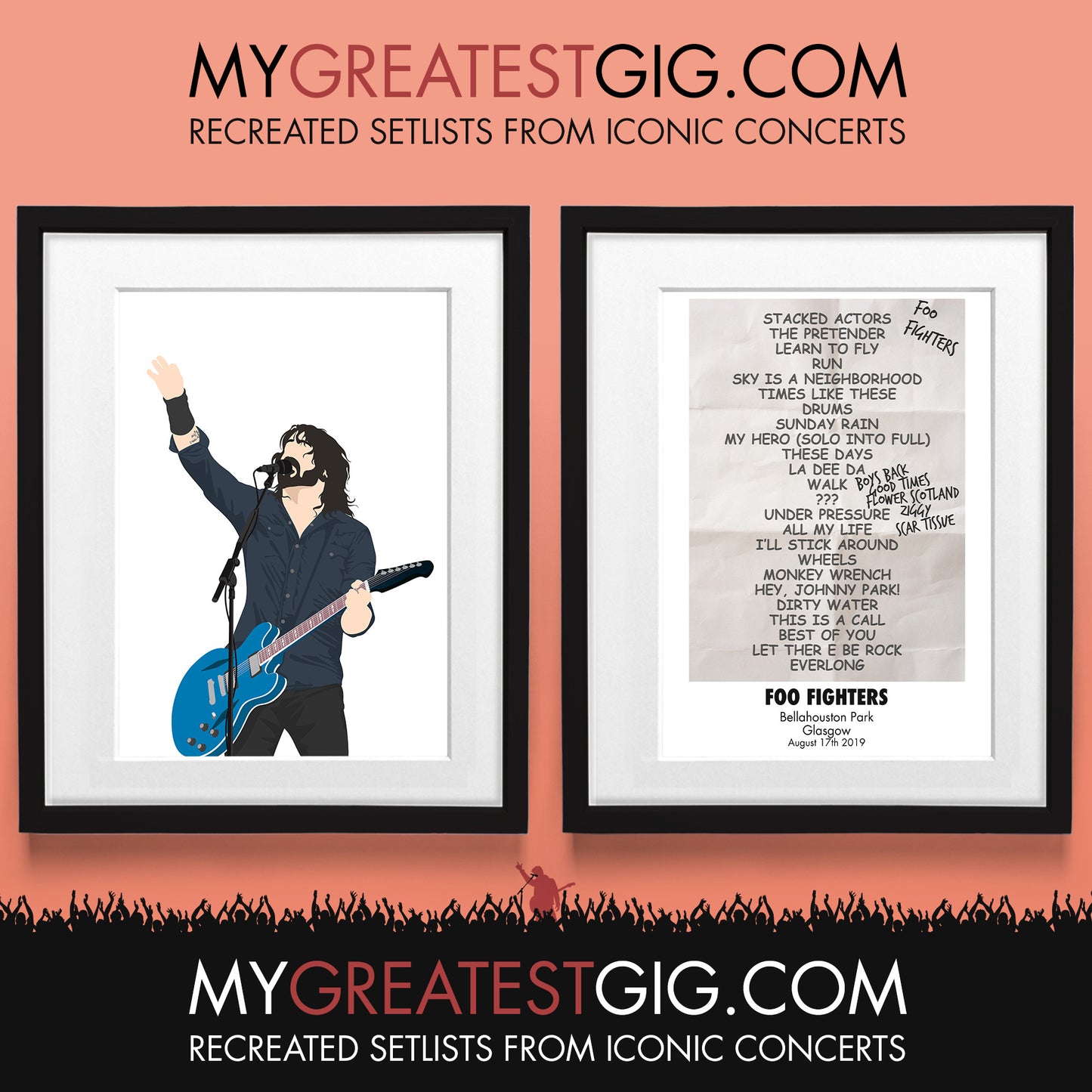 Foo Fighters - Glasgow - Aug 17th 2019 Recreated Set List Poster & Illustration Bundle
