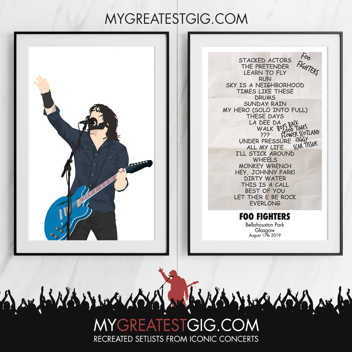 Foo Fighters - Glasgow - Aug 17th 2019 Recreated Set List Poster & Illustration Bundle