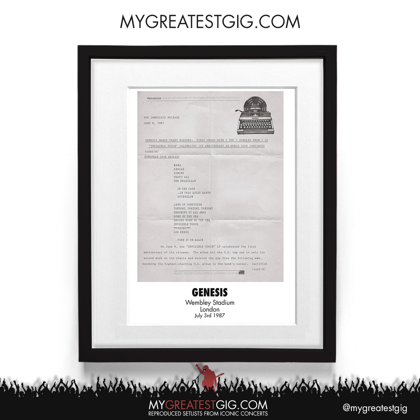 Genesis - London - July 3rd 1987 Recreated Setlist Poster