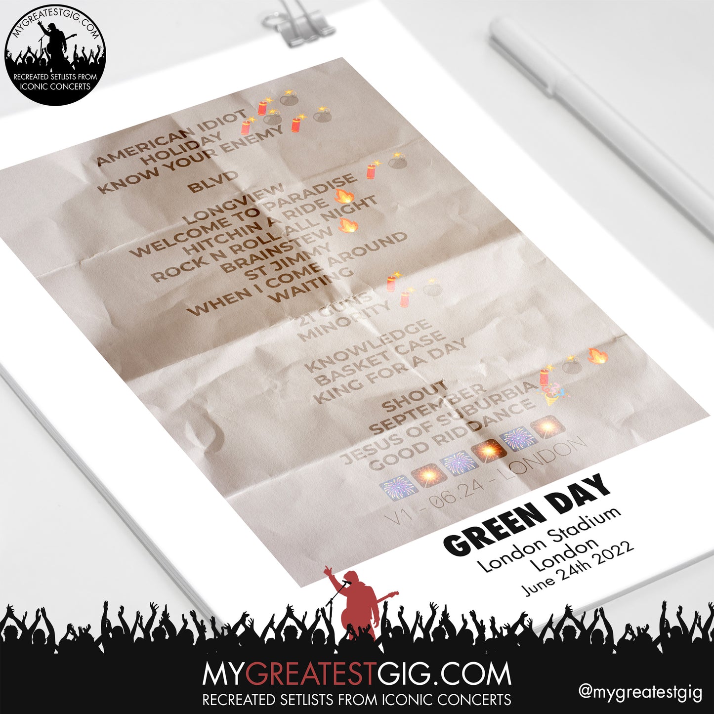 Green Day - London - Jun 24th 2022 Recreated Setlist Poster