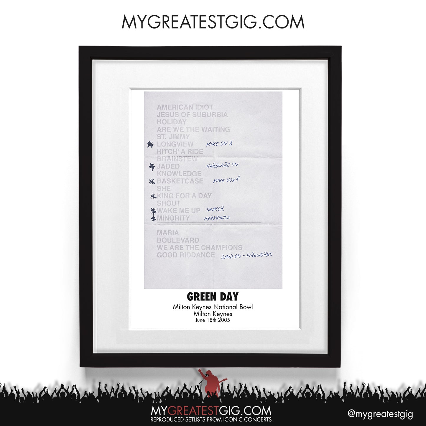 Green Day - Milton Keynes - Jun 18th 2005 Recreated Setlist Poster