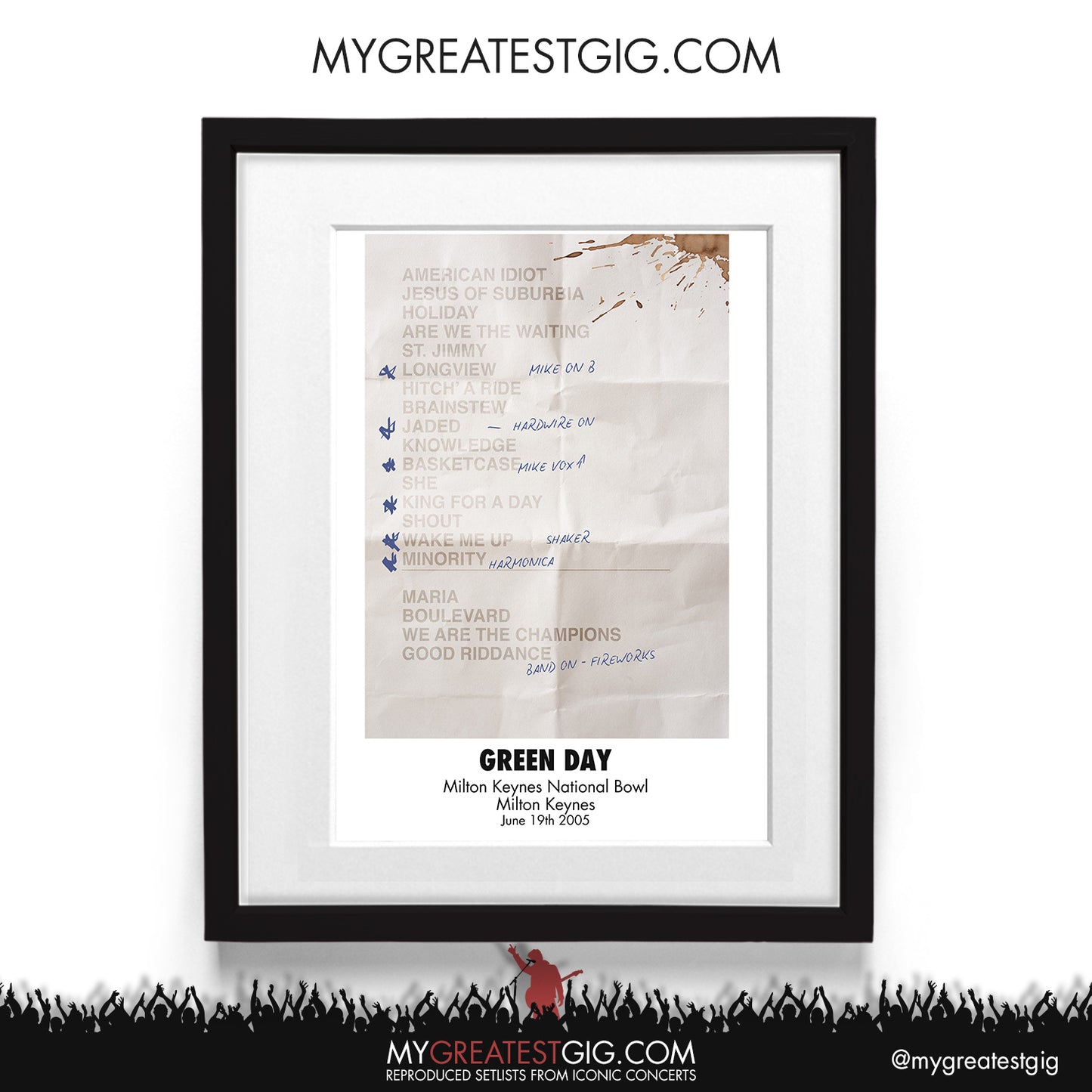 Green Day - Milton Keynes - Jun 19th 2005 Recreated Setlist Poster