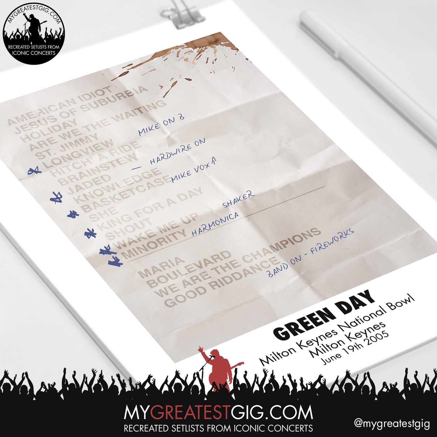 Green Day - Milton Keynes - Jun 19th 2005 Recreated Setlist Poster