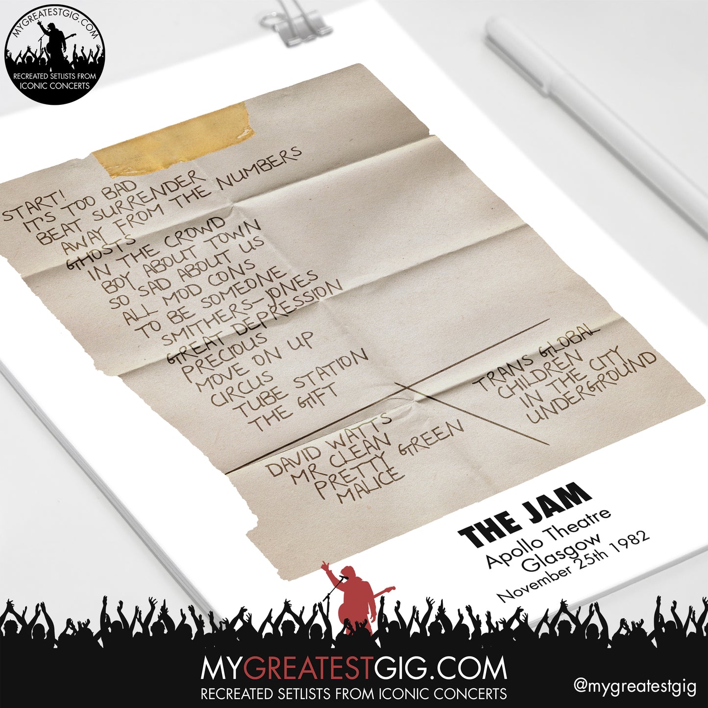 The Jam - Glasgow - Nov 25th 1982 Recreated Setlist Poster