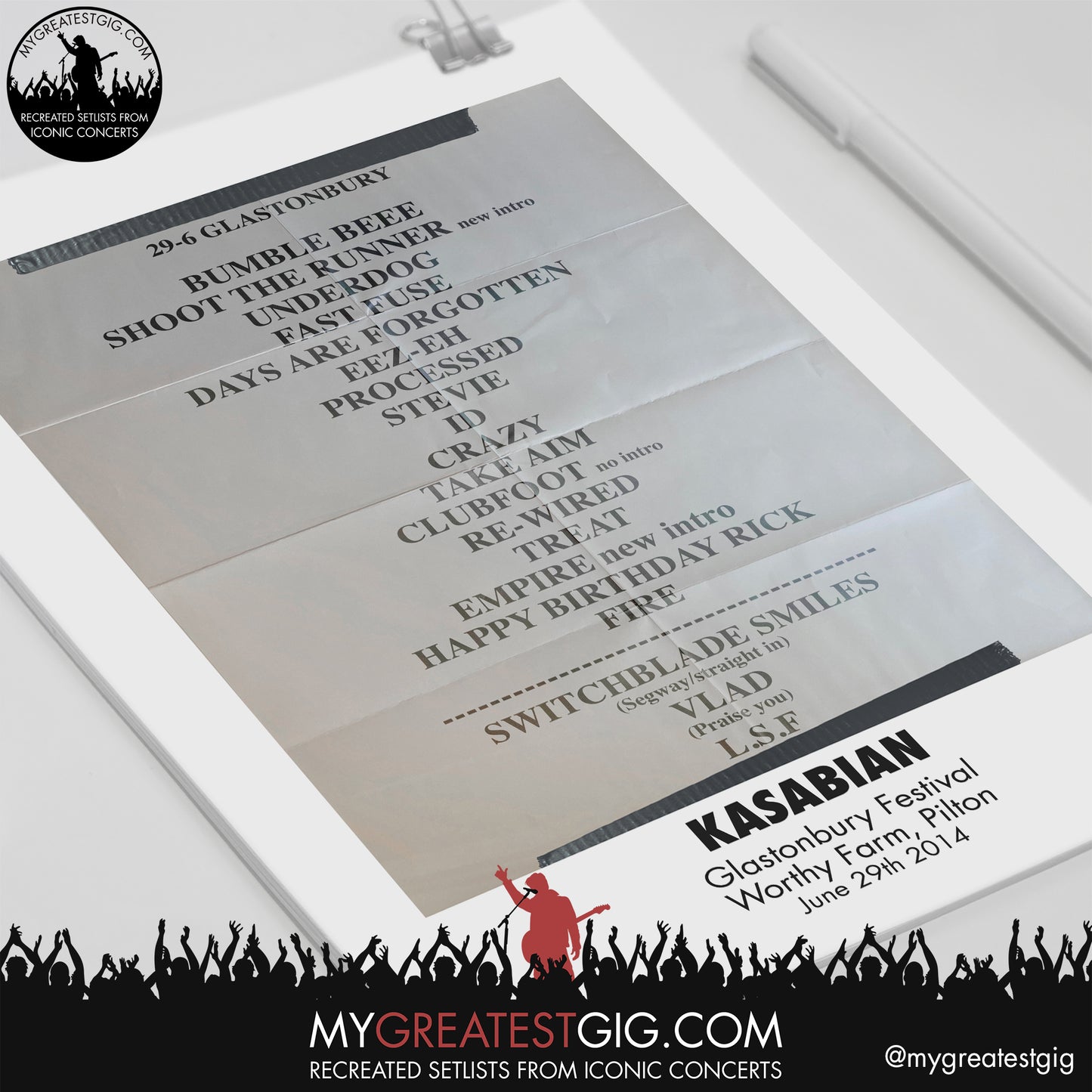 Kasabian - Glastonbury Festival - June 29th 2014 Recreated Setlist Poster