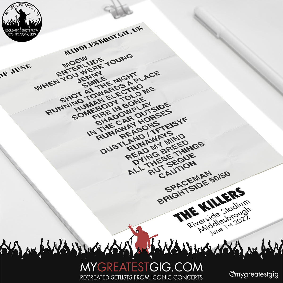 Killers Middlesbrough Jun 1st 2022 Recreated Setlist Poster My Greatest Gig