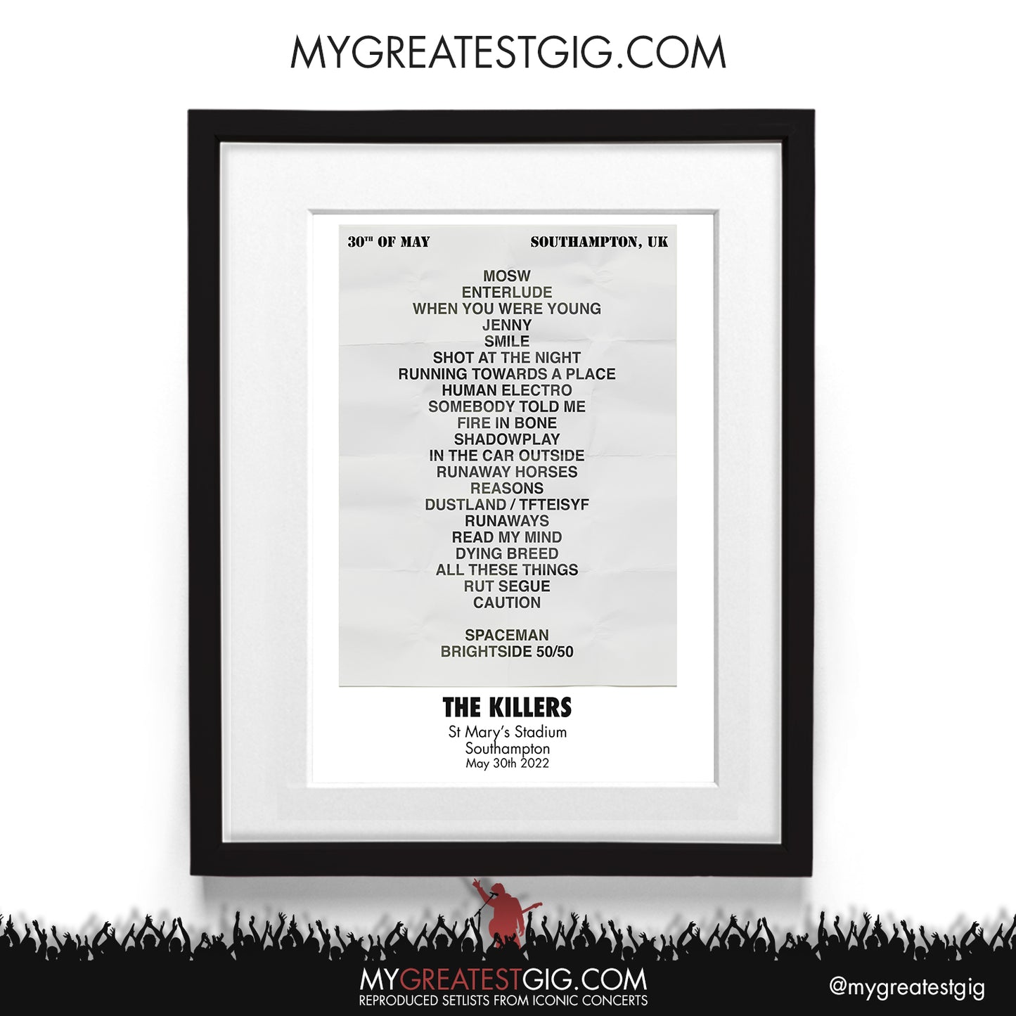 The Killers - Southampton - May 30th 2022 Recreated Setlist Poster