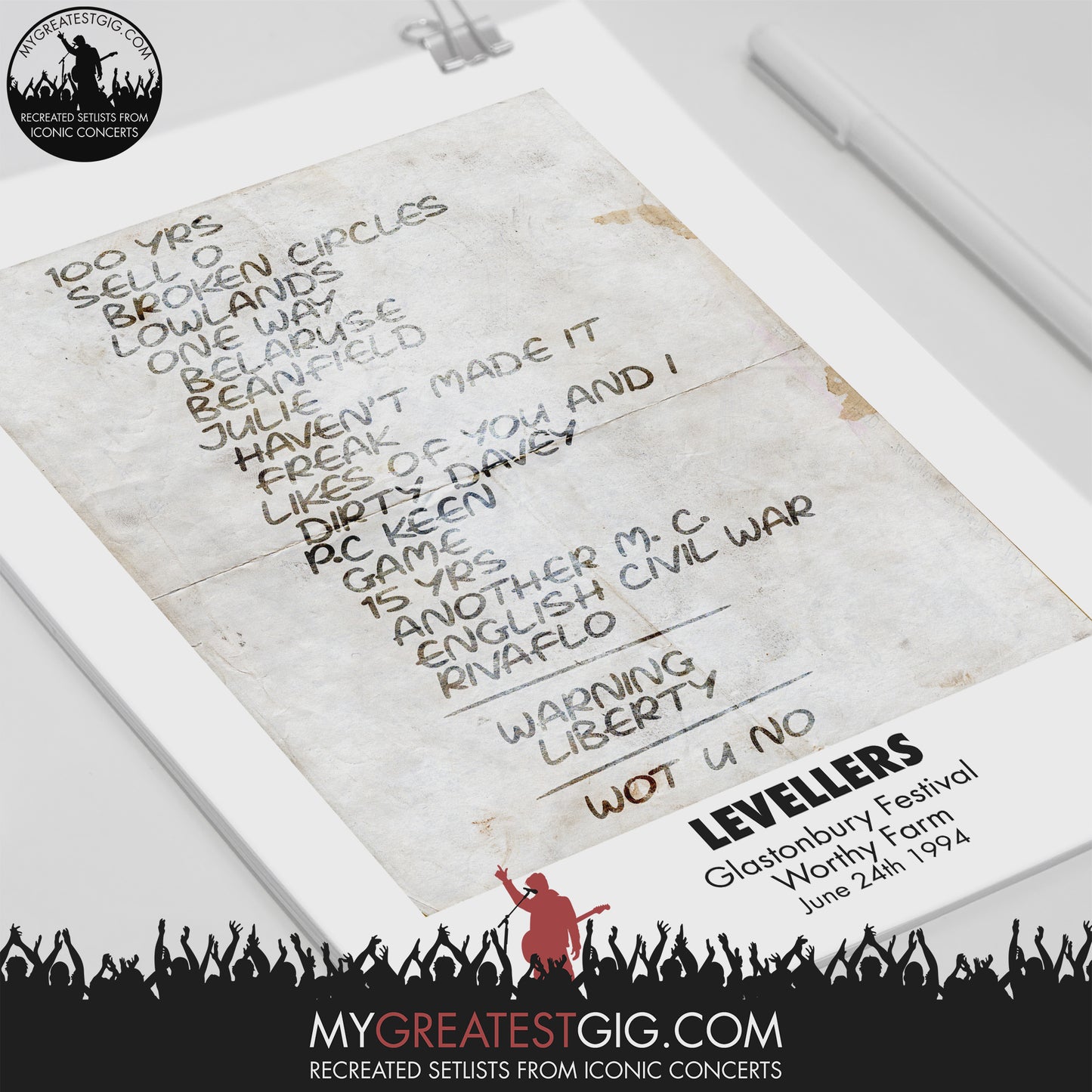 Levellers - Glastonbury Festival - Jun 24th 1994 Recreated Setlist Poster