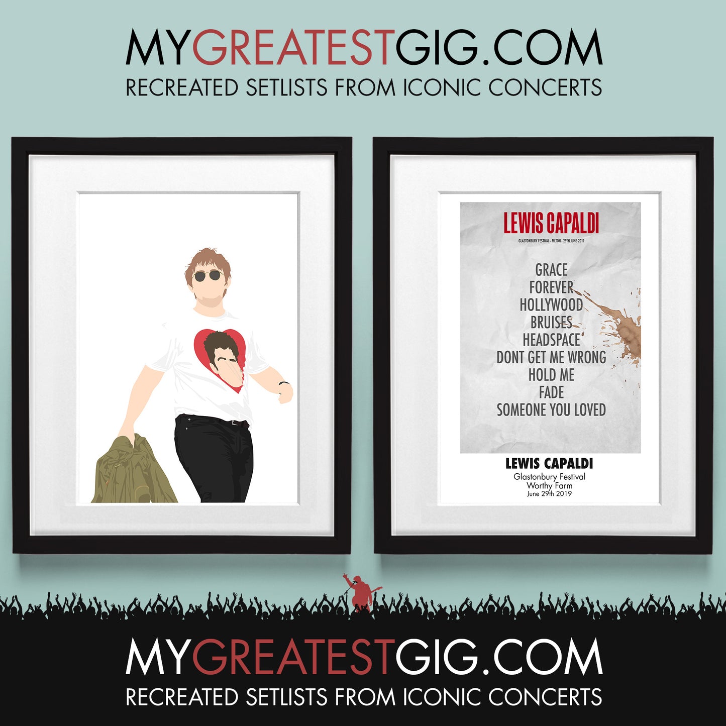 Lewis Capaldi - Glastonbury Festival - Jun 29th 2019 Recreated Set List Poster & Illustration Bundle